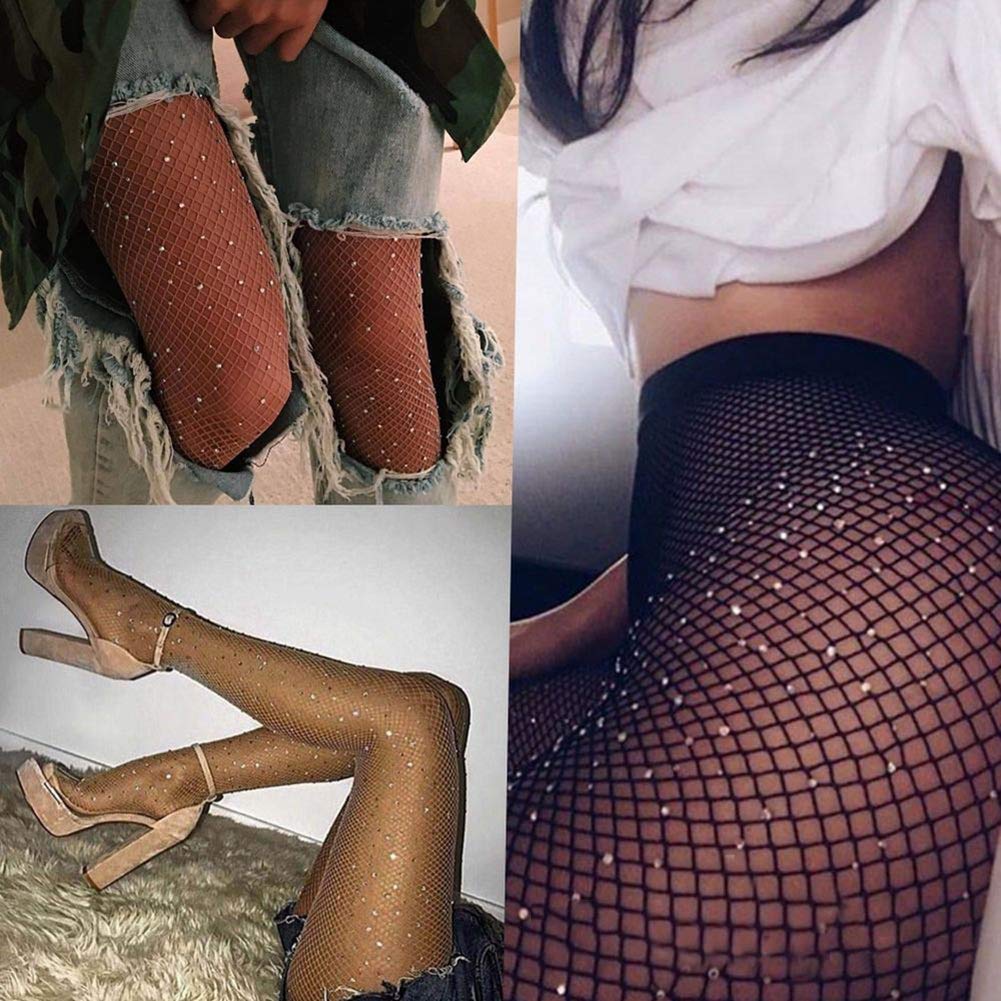 Sexy Rhinestone Fishnet Stockings for Women - Stretchy Elastic Fishnet Tights & Pantyhose Socks - Perfect for Halloween, Cosplay, and Nightclub Outfits