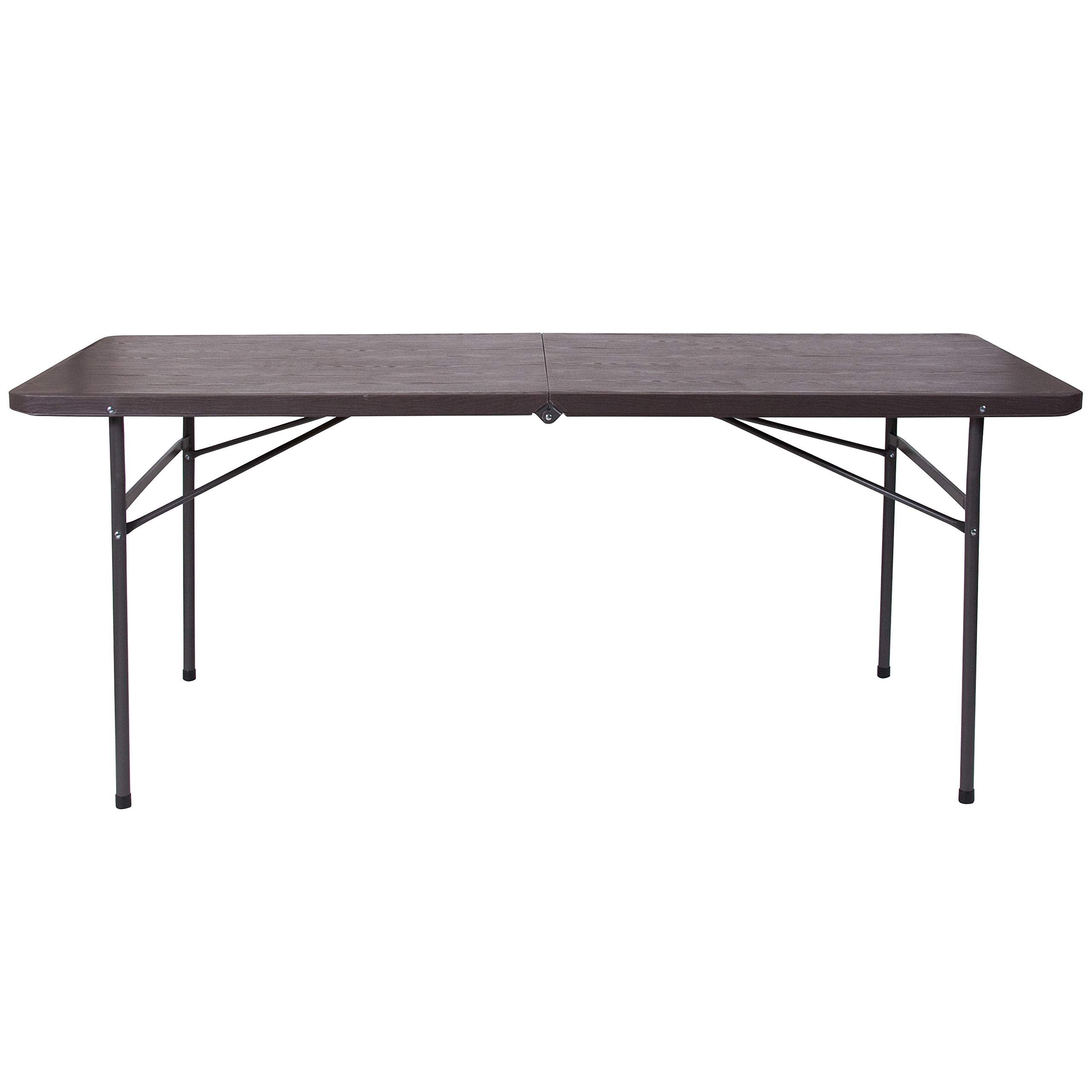 6-Foot Bi-Fold Brown Wood Grain Plastic Folding Table with Carrying Handle - Portable & Sturdy for Parties, Camping, Events & Home Use