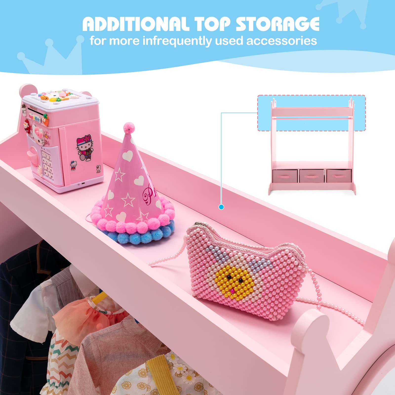 Kids Armoire Dress-Up Storage with Mirror and Drawers - Pink Costume Wardrobe Closet for Girls Room | Pretend Play Organizer with Side Pockets & Shoe Storage | Perfect for Bedroom Decor, Toy Organization & Dress-Up Play