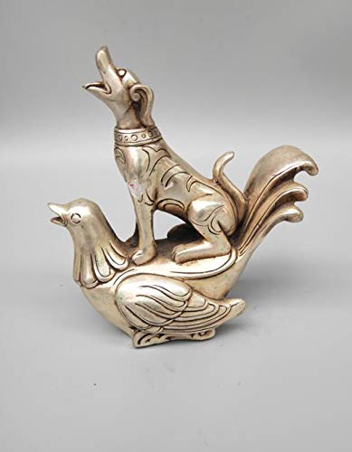 Antique Chinese White Copper Dog Sitting on Phoenix Statue - Handcrafted Home Decor, Feng Shui Gift for Living Room & Office