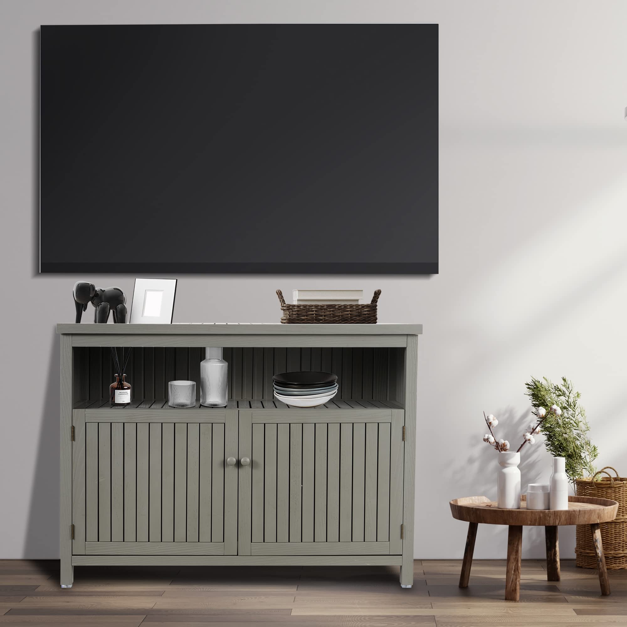 AHB Solid Wood Outdoor Console Table - Entryway Buffet Cabinet, TV Stand for Patio, Deck & Living Room - Grey Storage Furniture for Home & Garden Decor