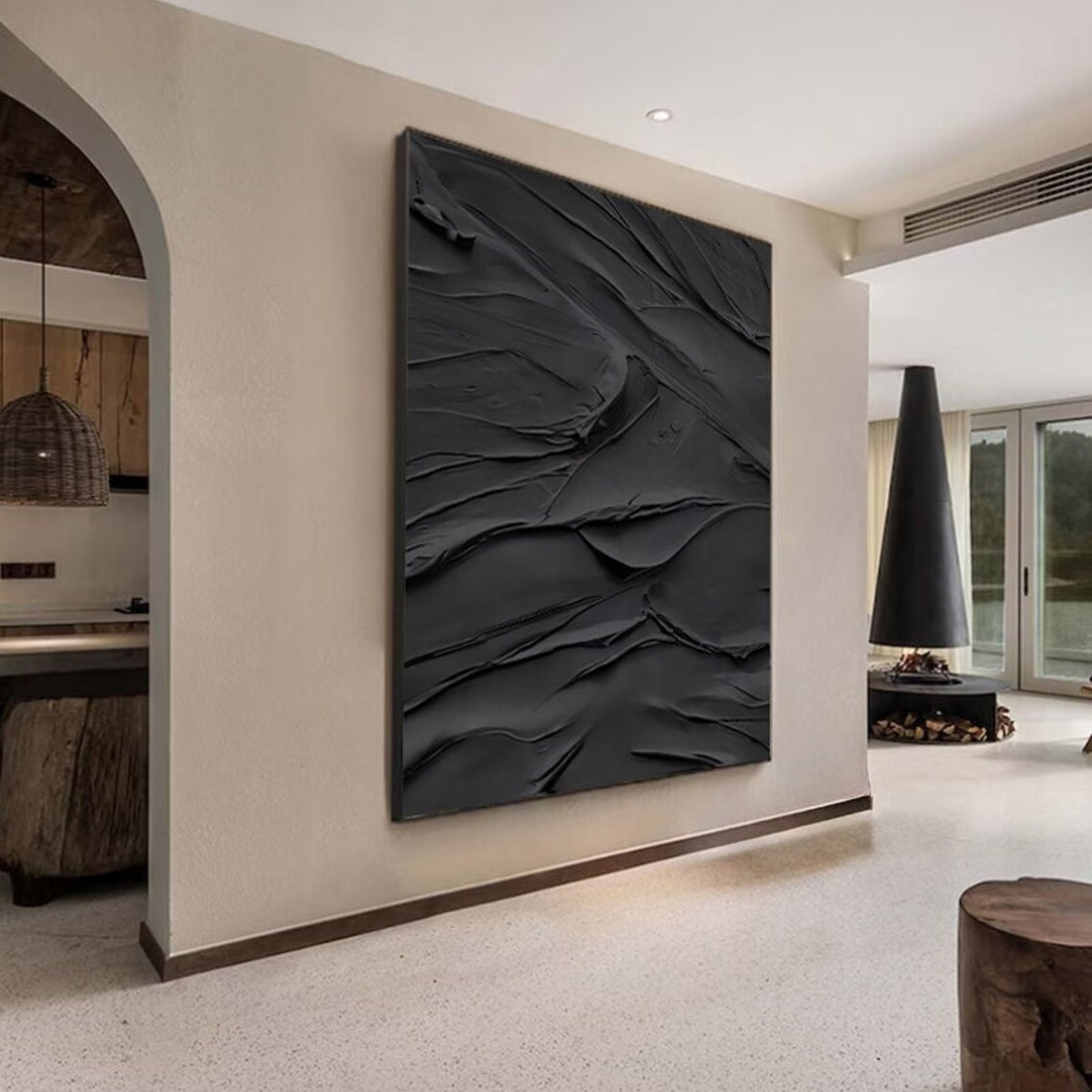 Black Plaster Art Minimalist Textured Painting - Modern Abstract Wall Decor for Living Room, Bedroom & Office | MZ048