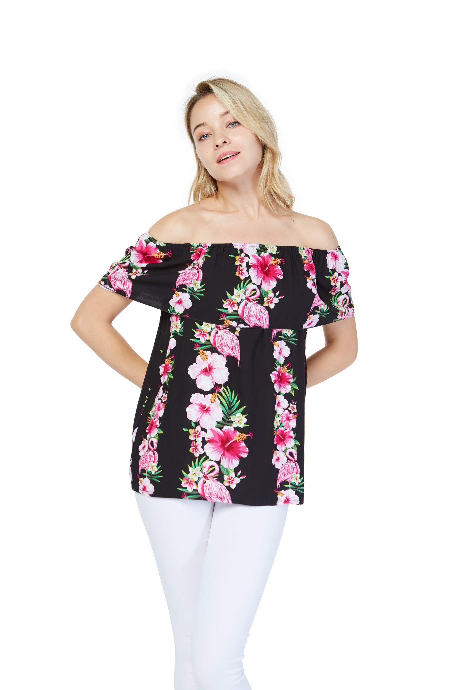 Mother & Daughter Matching Hawaiian Luau Off-Shoulder Tops - Pink Hibiscus Vine Gypsy Dresses for Women & Girls | Perfect for Beach Vacations, Luau Parties & Summer Family Photos