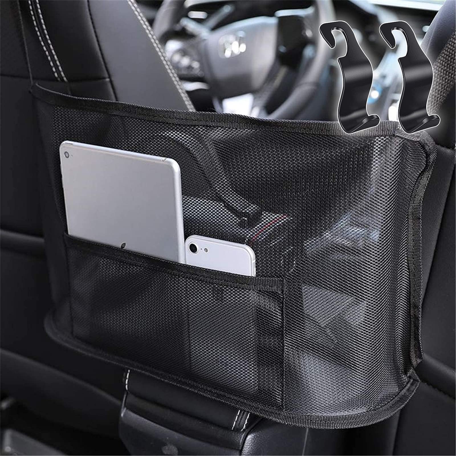Premium Black Leather Car Seat Organizer - Large Capacity Hanging Storage Net Bag with 2 Headrest Hooks for Front Seat Back, Perfect for Road Trips & Daily Commute - Car Net Pocket Handbag Holder Between Seats