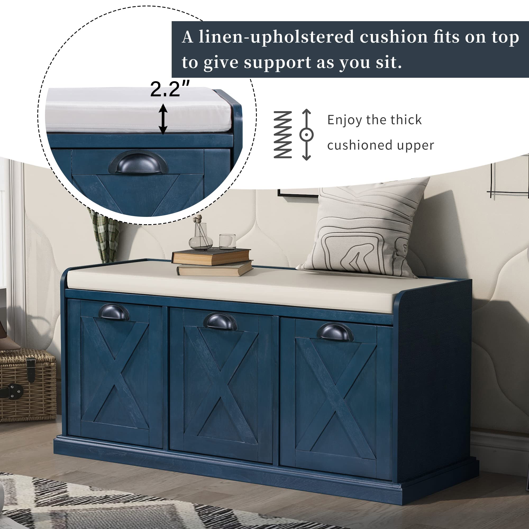 Rustic Solid Wood Storage Bench with 3 Drawers & Velvet Removable Cushion - Entryway Shoe Bench for Hallway, Living Room (Espresso) | Perfect for Small Space Organization & Home Decor