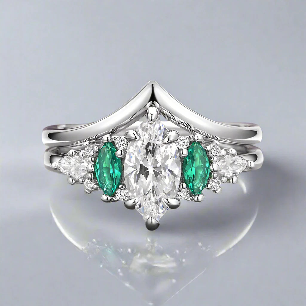 Emerie Simulated Diamond & Emerald Ring Set in Sterling Silver - Elegant Cubic Zirconia Jewelry for Women, Perfect for Weddings, Anniversaries and Special Occasions