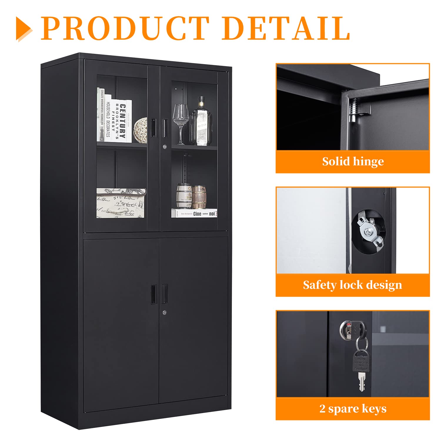 Black Metal Storage Cabinet with Glass Doors - 71