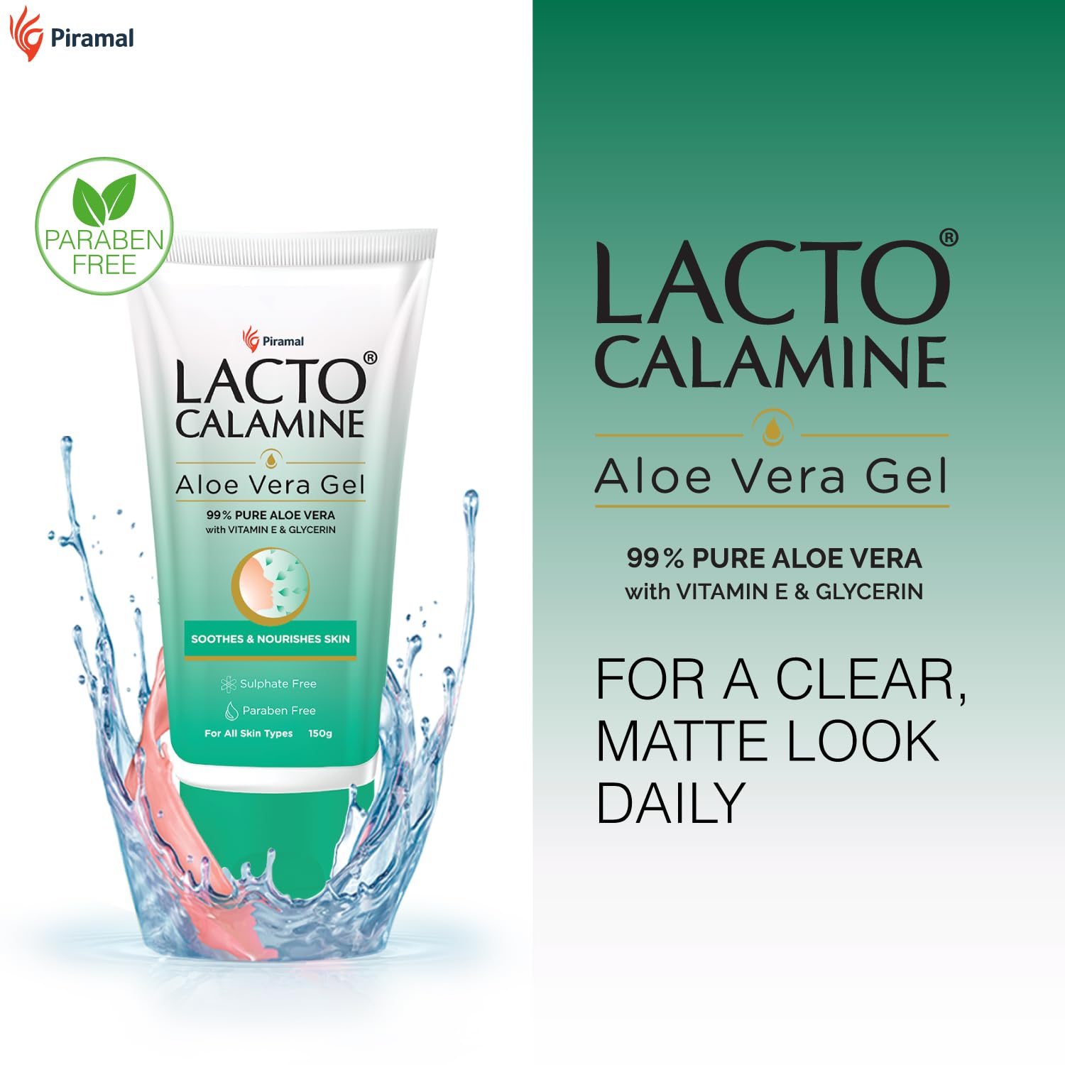 Lacto Calamine Aloe Vera Gel for Face & Body - 150g | 99% Pure Natural Aloe Vera with Vitamin E & Glycerin | Hydrating Moisturizer for Dry Skin, Hair Care | Paraben & Sulfate Free | Perfect for Daily Skincare Routine & Sunburn Relief