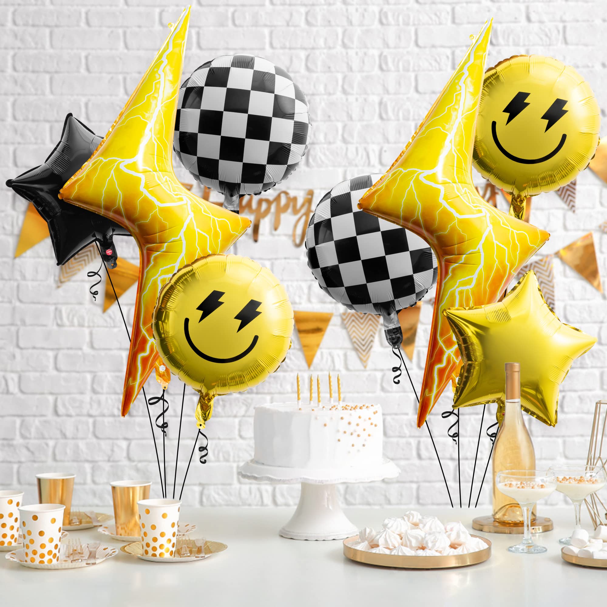 8PCS 18 Inch Smile Face Checkered Helium Balloons - Yellow Happy Birthday Party Decorations, Wedding & Baby Shower Supplies - Perfect for Indoor/Outdoor Events, Photo Backdrops & Celebration Decor