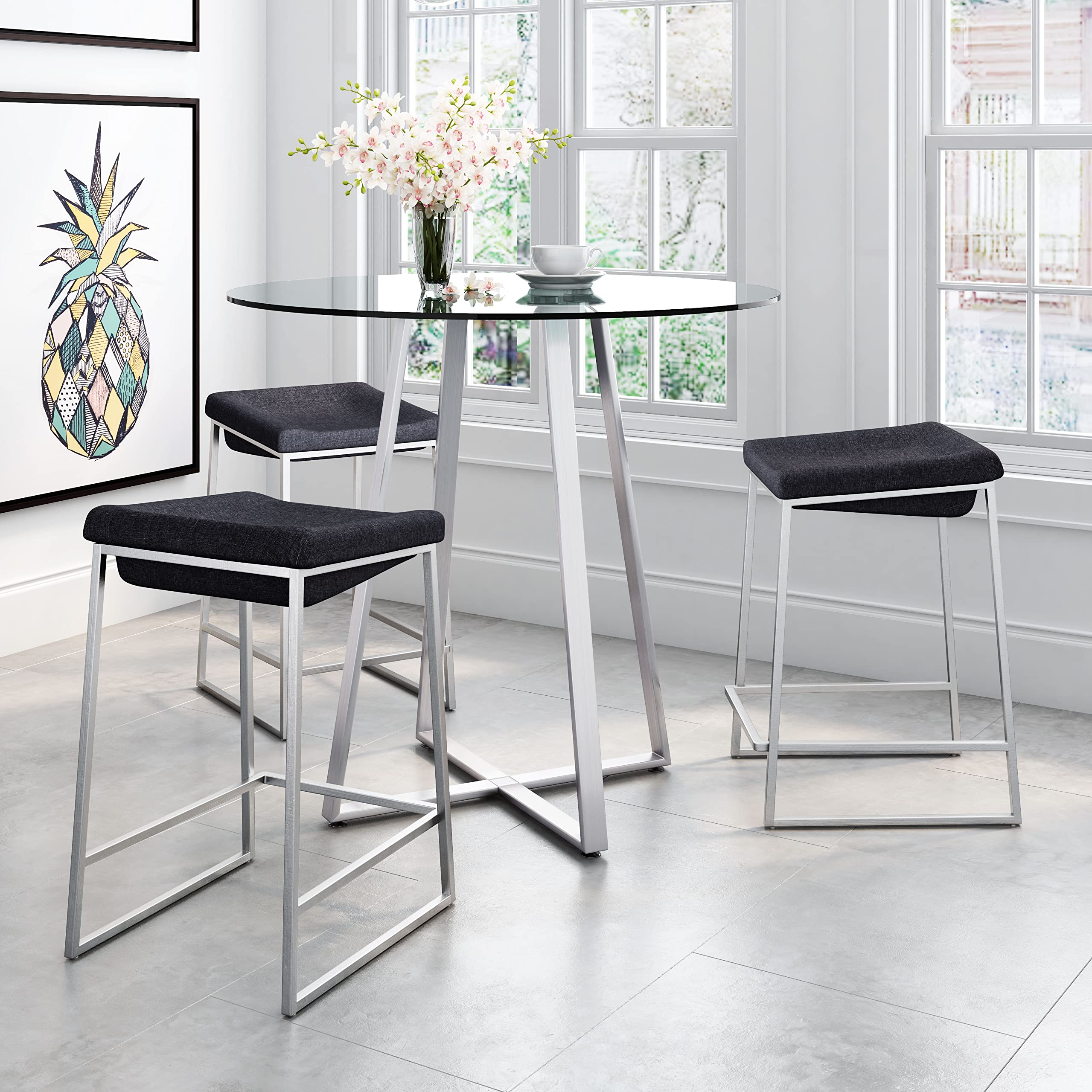 Zuo Lids Counter Stool Set of 2 - Dark Gray Modern Bar Stools for Kitchen Island, Breakfast Nook & Home Decor