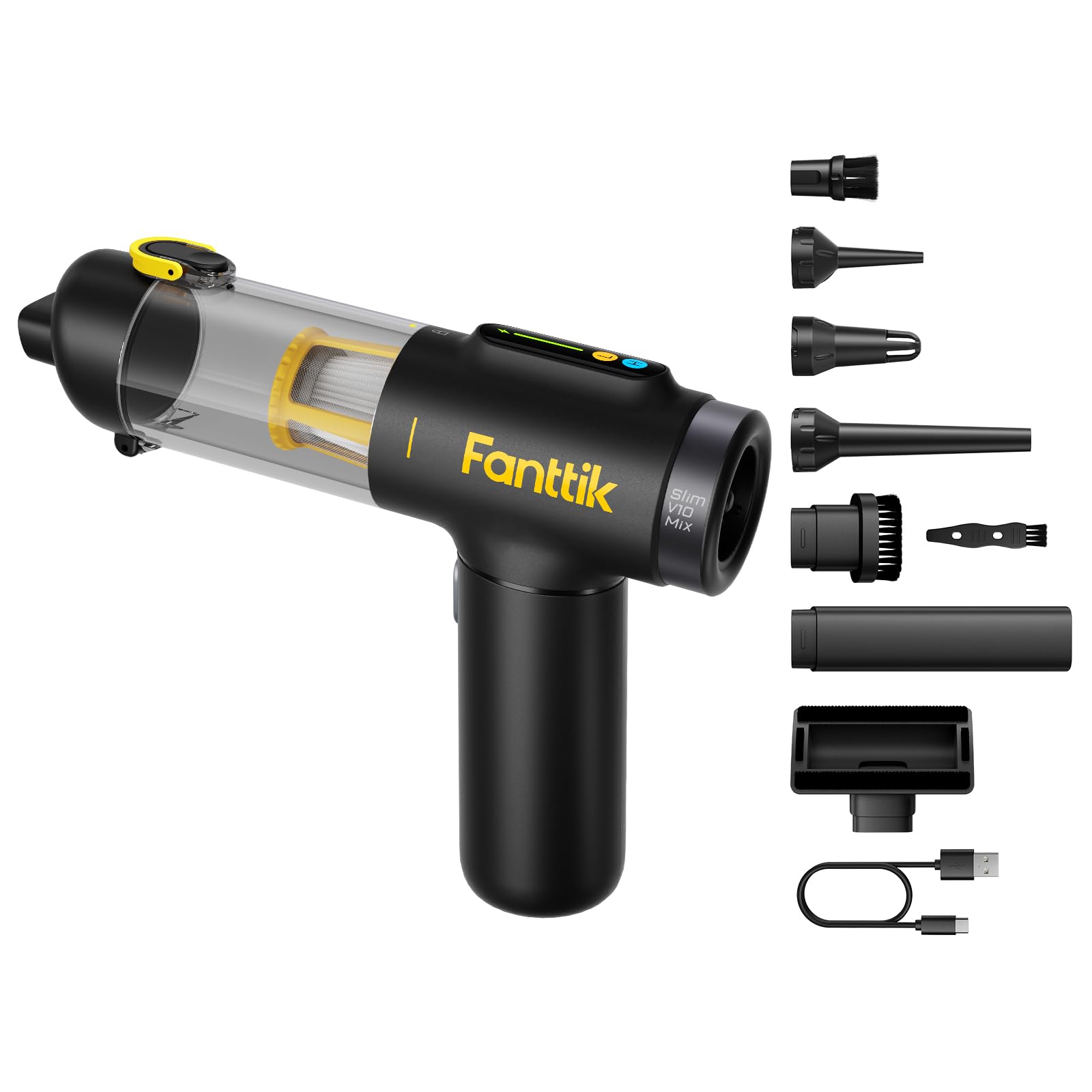 Fanttik Slim V10 4-in-1 Cordless Car Vacuum & Air Duster - 16kPa Powerful Suction, Smart LED Display, Portable Handheld Vacuum for Car, Home, Office - Perfect for Cleaning Cars, Keyboards, Desks & Small Spaces