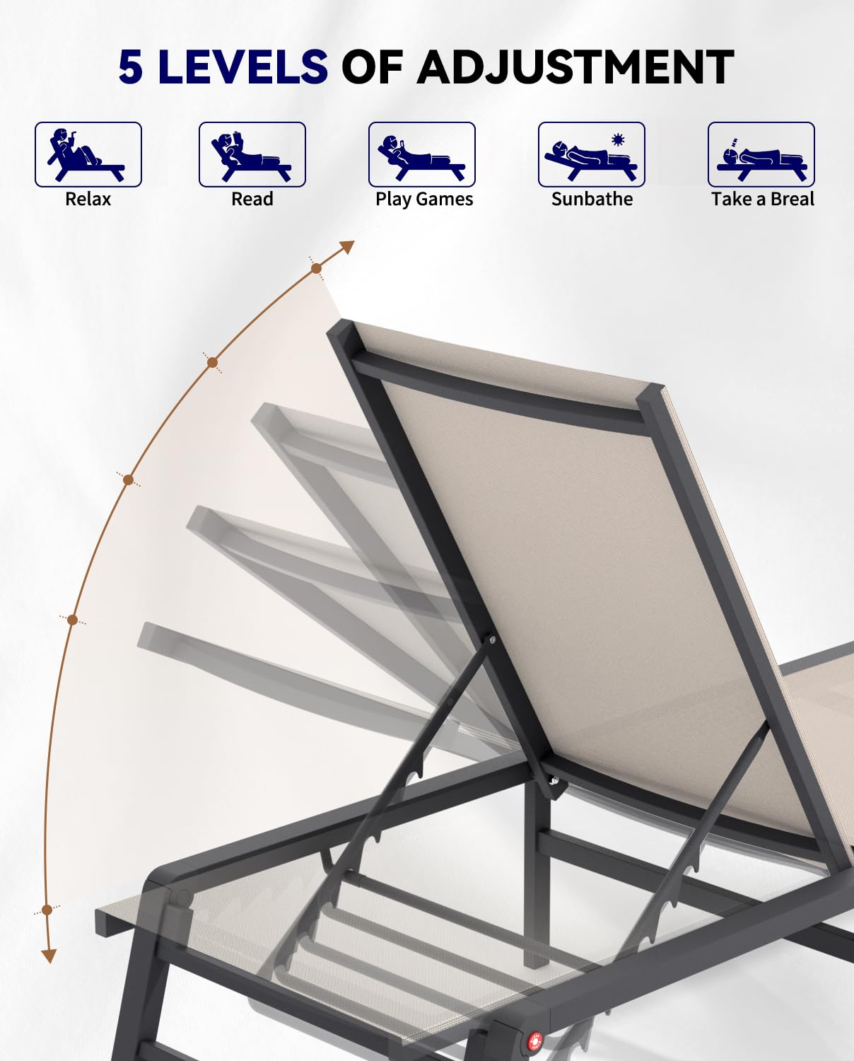 Premium Aluminum Foldable Chaise Lounge Chair - 5 Adjustable Backrest, No Assembly Required - Perfect for Poolside, Beach, Patio, and Lawn Relaxation in Beige