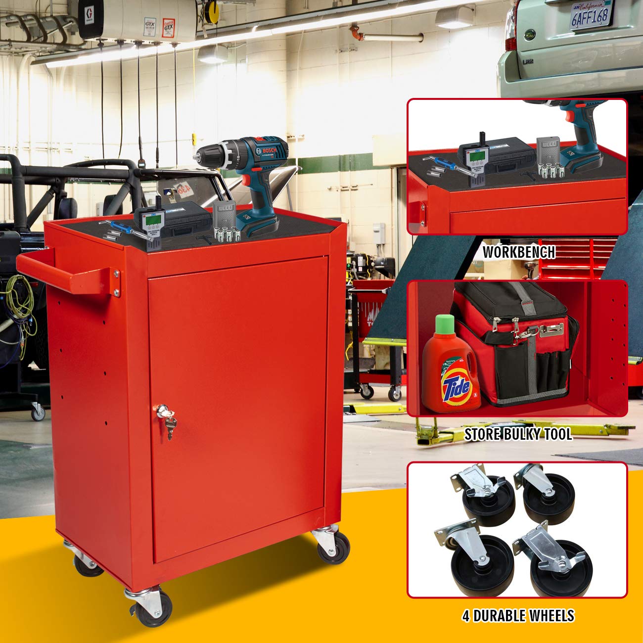 X&T 2-Piece Rolling Tool Chest Set - Heavy Duty Metal Tool Box with 4 Wheels & 3 Lockable Drawers, Portable Garage Workshop Storage Cabinet for Mechanics & DIY (Red) - Perfect for Home Garage, Auto Repair Shops & Construction Sites