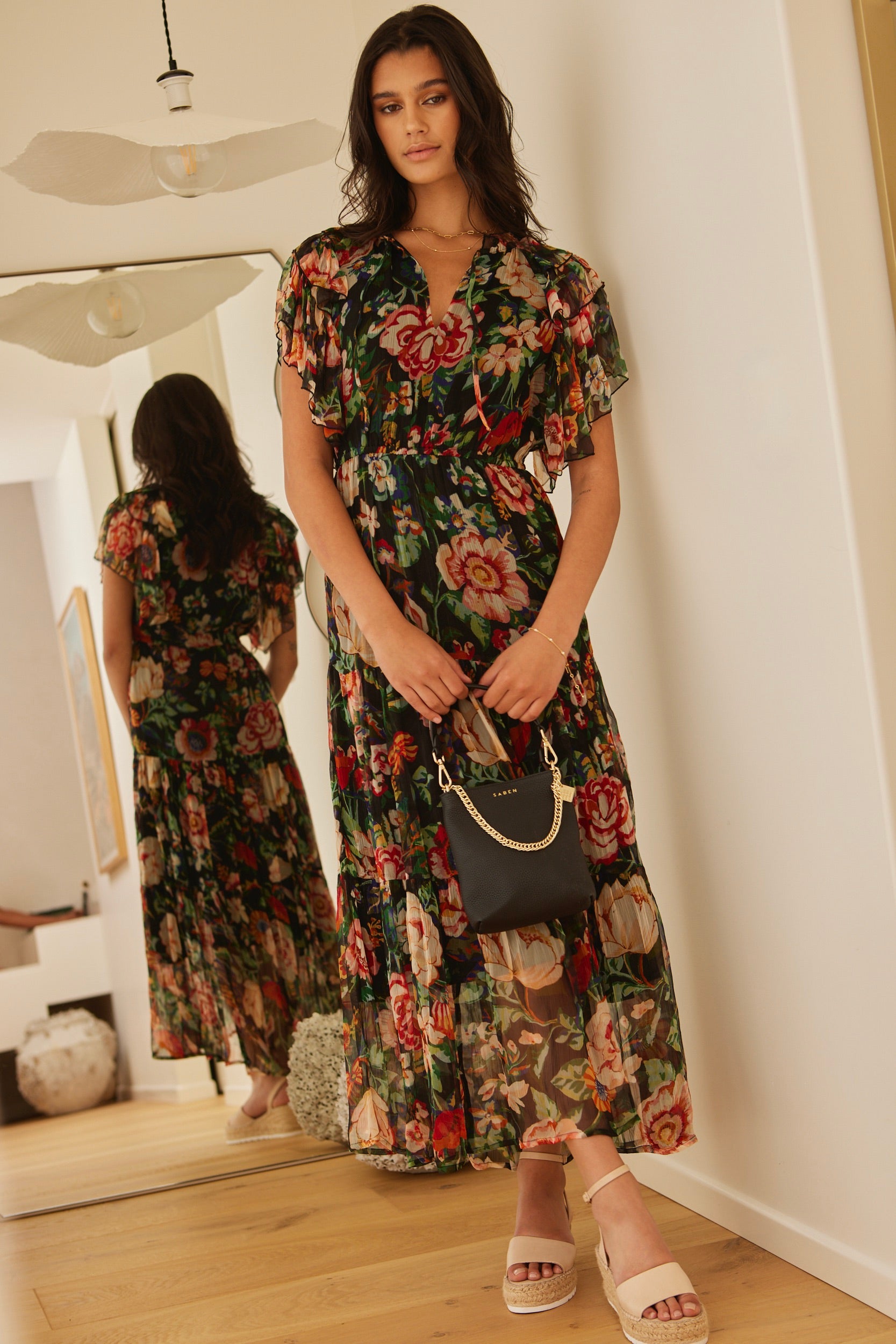 Flutter Sleeve Black Floral Maxi Dress - Elegant Boho Summer Dress for Beach, Wedding & Party Wear