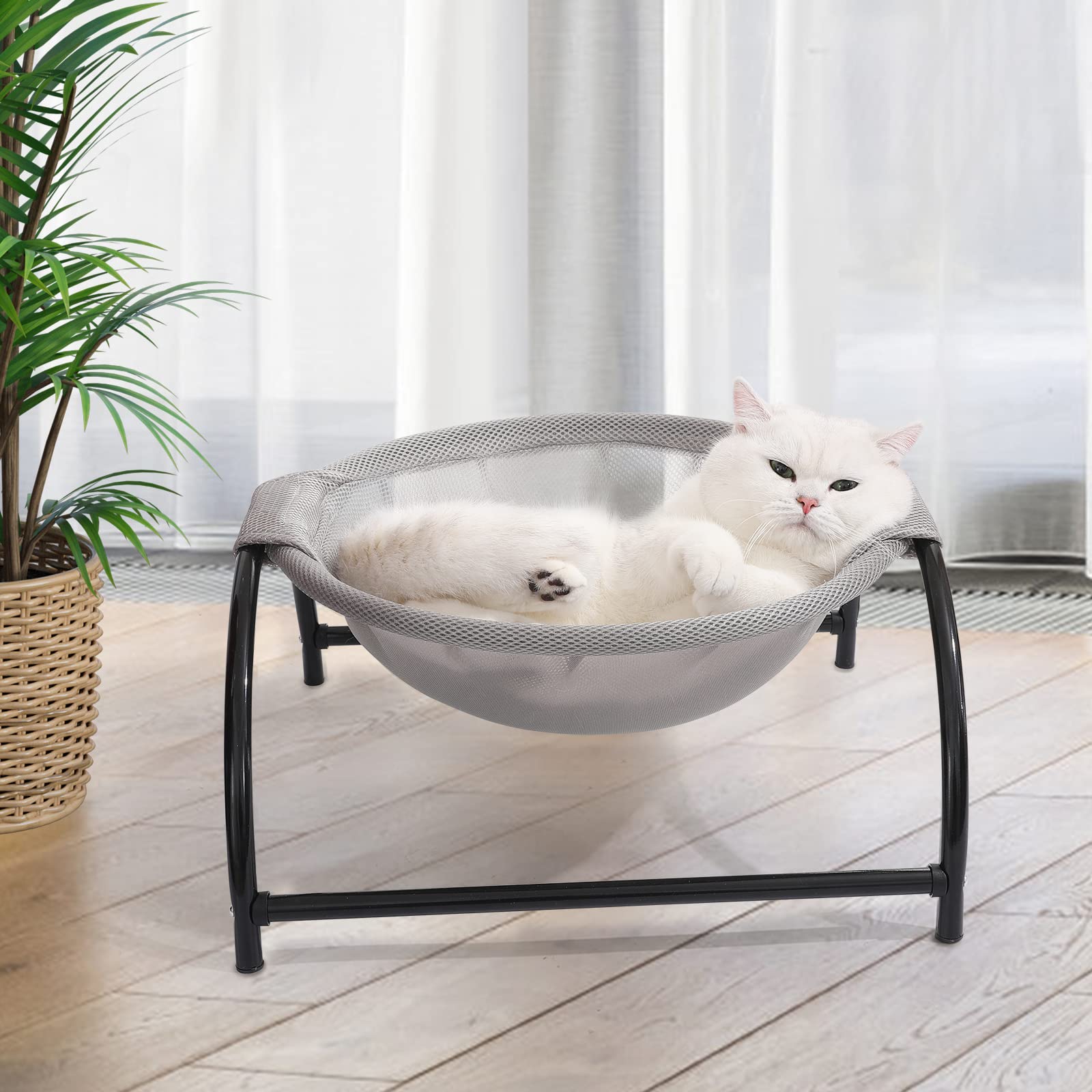 NOYAL Elevated Cat Hammock Bed - Breathable Hanging Pet Nest with Removable Cover & Sturdy Iron Frame - Cooling Cot for Cats & Small Dogs - Indoor/Outdoor Use - Perfect for Balcony, Patio, or Bedroom (Gray)