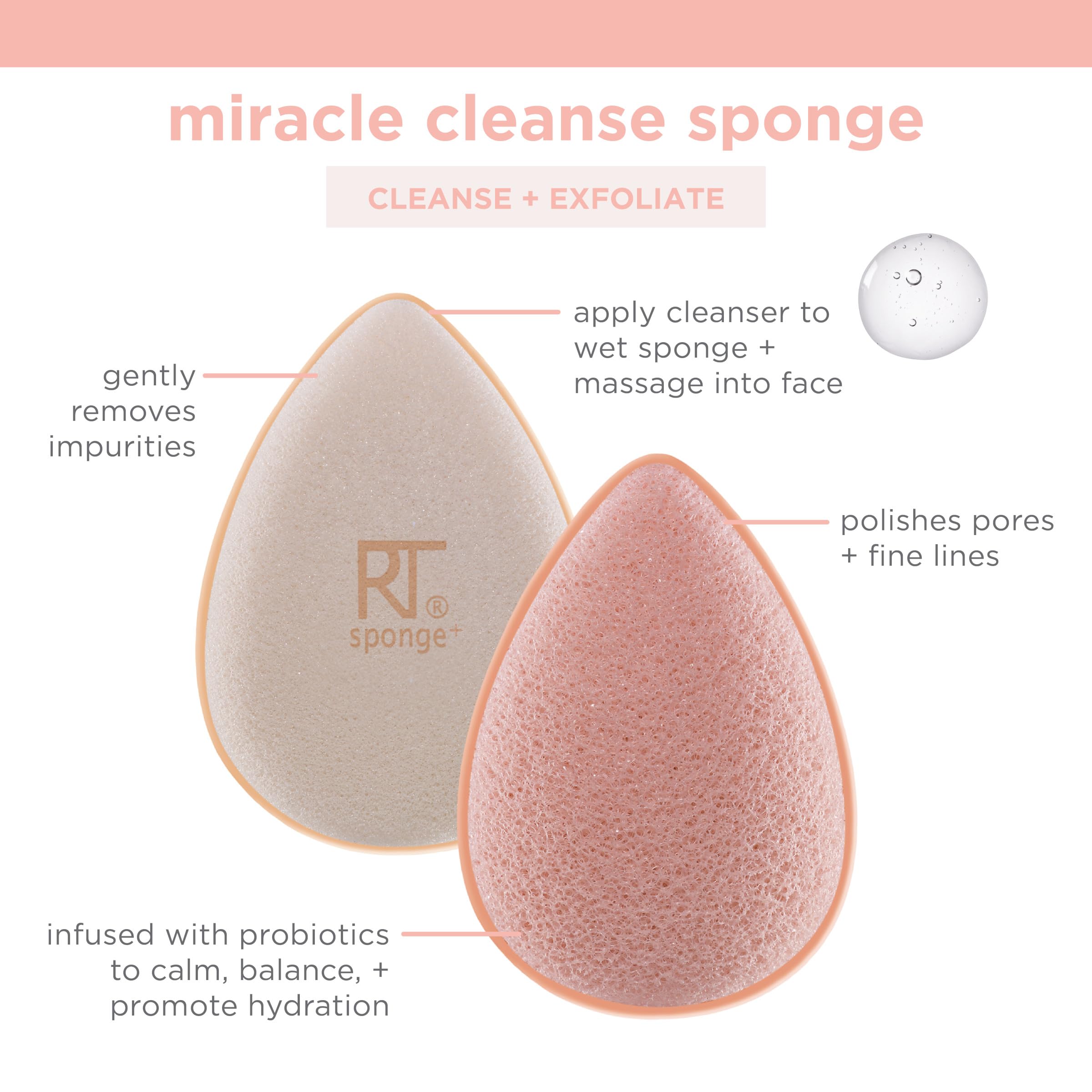 Real Techniques Miracle Cleansing Sponge - Dual Sided Facial Cleanser with Probiotics for Exfoliating & Deep Pore Cleansing | Gentle Skincare Tool, Cruelty-Free (1 Count) | Perfect for Daily Face Wash & Makeup Removal