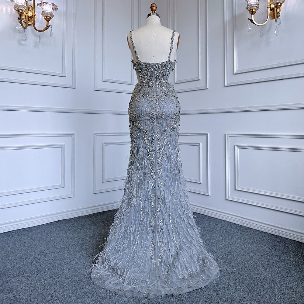 Elegant Grey Mermaid Evening Gown with Beaded Feather Details - Sexy Spaghetti Strap Cutout Dress for Women 2025 | Perfect for Cocktail Parties, Prom Nights & Formal Events
