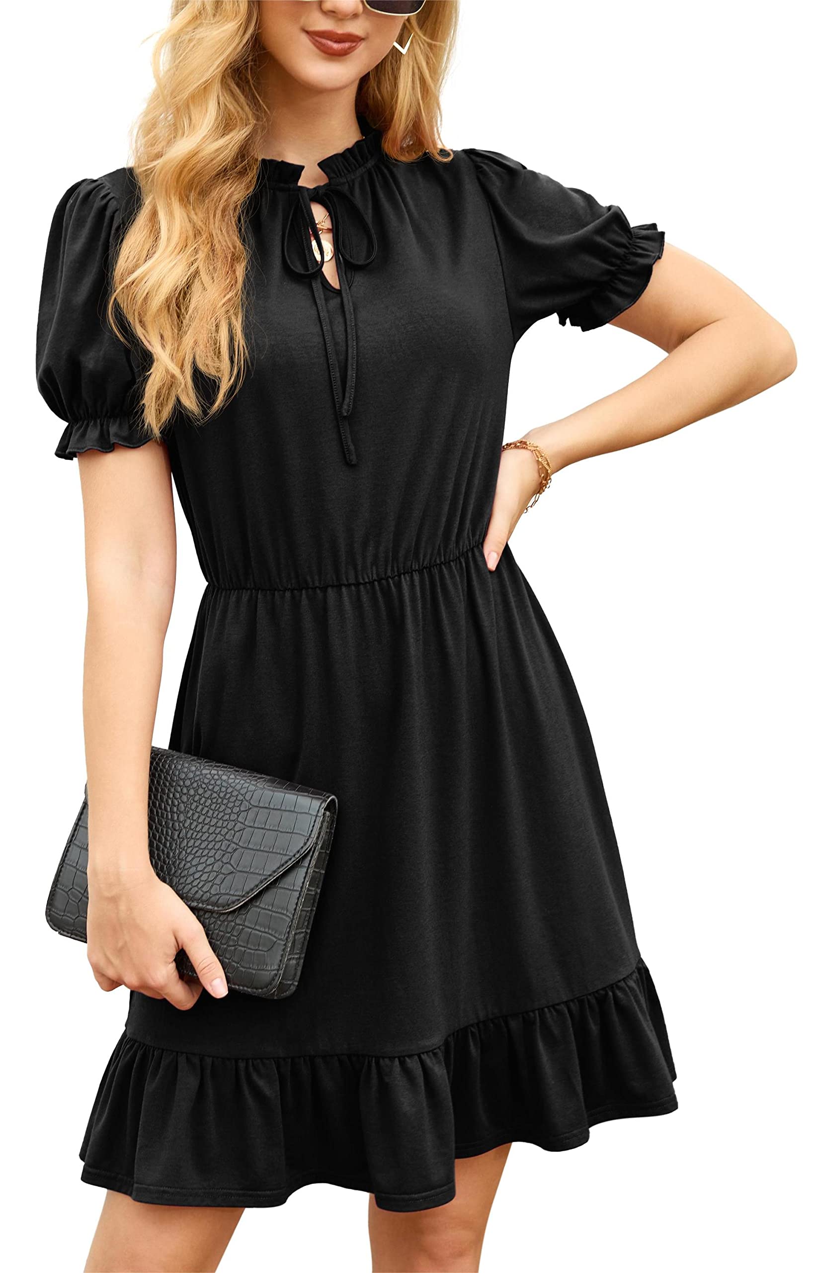GRECERELLE Women's Casual Summer Dress 2025 - Tie Neck, Ruffle Short Sleeve, High Waist A-Line Mini Dress for Beach, Party & Daily Wear