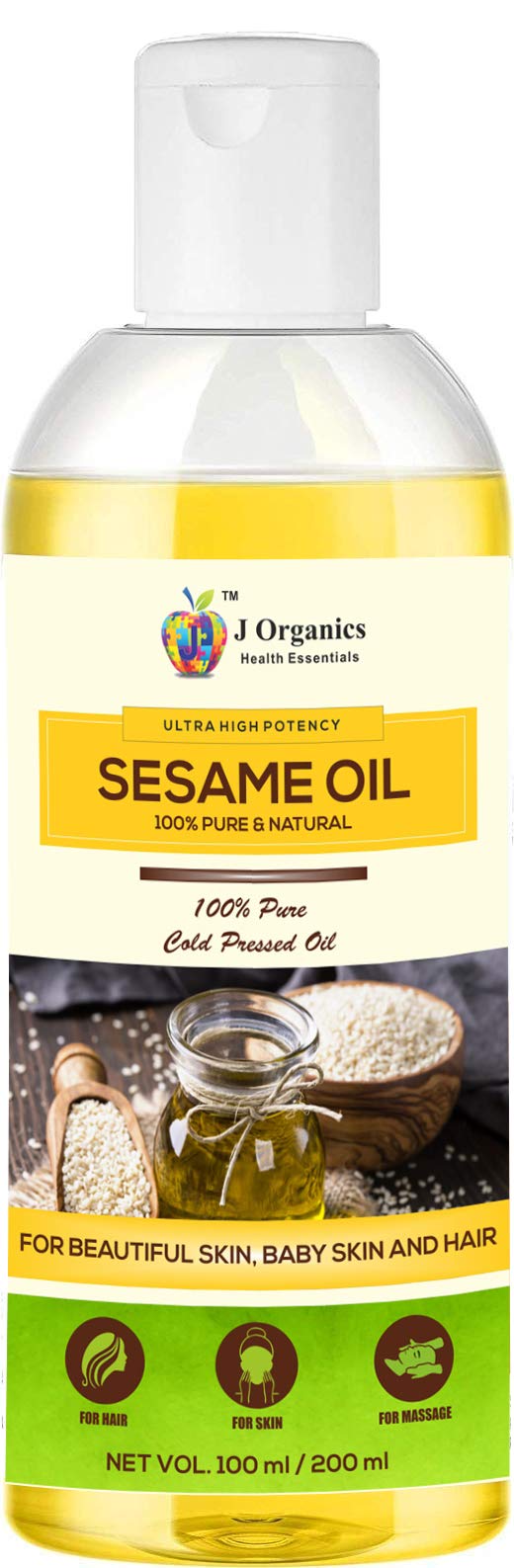 Jioo Organics 100% Pure Cold Pressed Sesame Oil for Hair Growth, Skin Care & Massage - 100% Natural Til Ka Tel - 100ml | Perfect for Ayurvedic Treatments, Aromatherapy & Healthy Heart