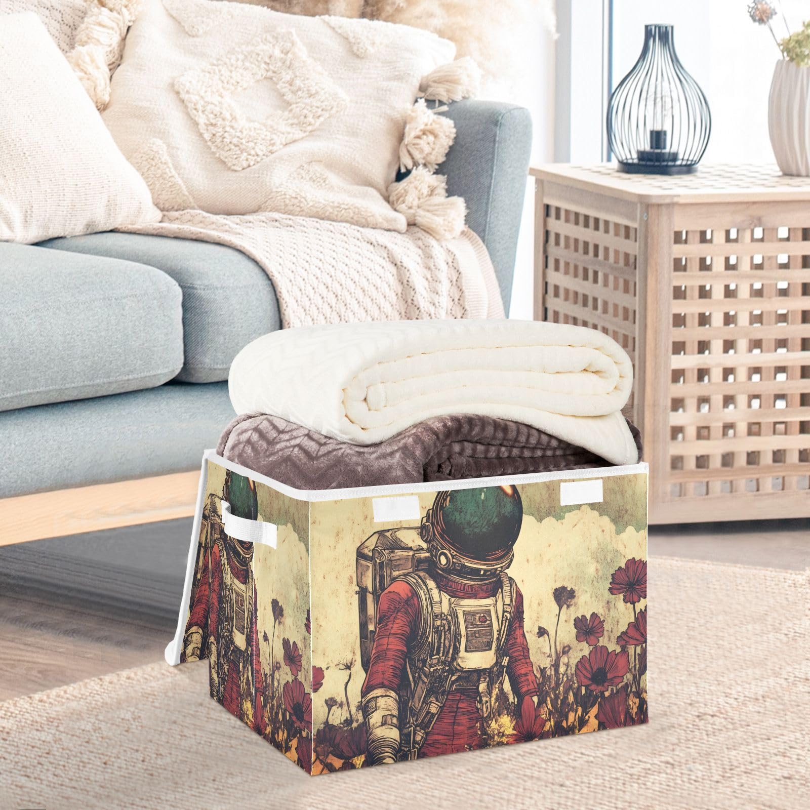 Red Collapsible Storage Cube with Lid & Handle - 16.5×12.6×11.8in Fabric Storage Bin for Closet, Bedroom & Office Organization | Space-Saving Foldable Storage Basket for Toys, Blankets & Seasonal Clothes