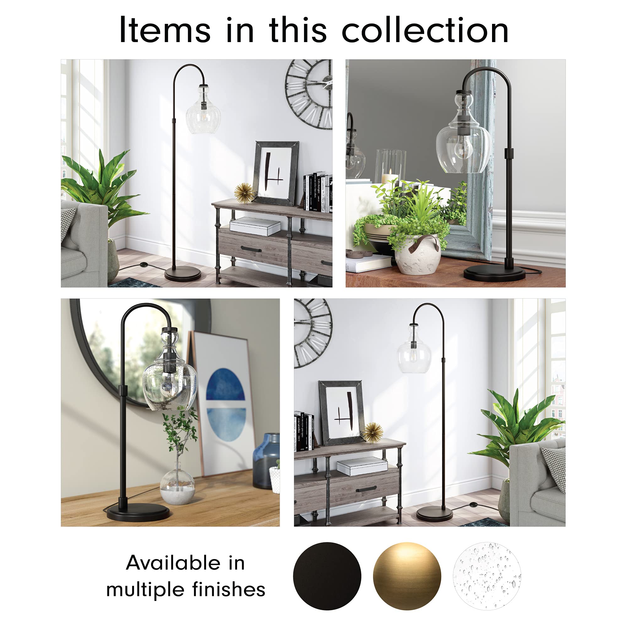 Henn&Hart Arc Floor Lamp with Glass Shade in Brass/Clear - Modern Adjustable Standing Light for Home Office, Bedroom & Living Room - Perfect for Reading, Working & Ambient Lighting