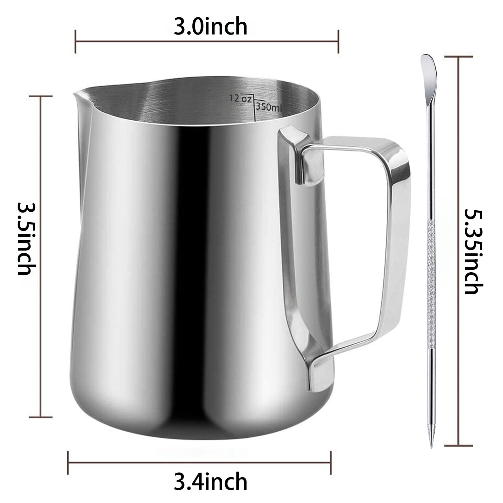 12oz/350ML Stainless Steel Milk Frothing Pitcher for Coffee, Cappuccino & Latte Art - Barista Steaming Jug with Measurement Scale & Decorating Pen - Perfect for Home & Cafe Use (Silver)