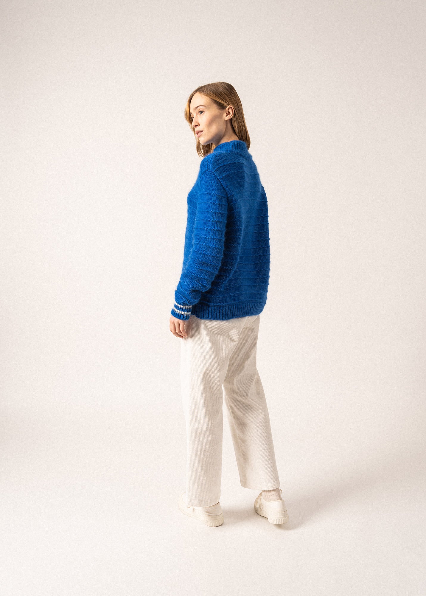 ALPES Women's Mock Neck Cable Knit Sweater - Soft Mohair Blend Pullover in Royal Blue | Cozy Winter Fashion for Office & Casual Outfits