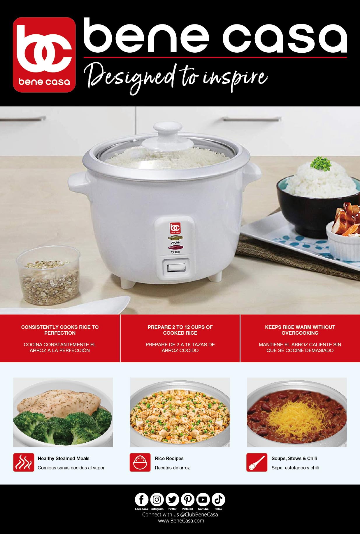 Bene Casa 12-Cup Rice Cooker with Glass Lid - Nonstick Aluminum Inner Pot & 12-Hour Keep Warm - Perfect for Family Meals, Meal Prep, and Dorm Cooking (6 Cups Uncooked Rice Capacity)