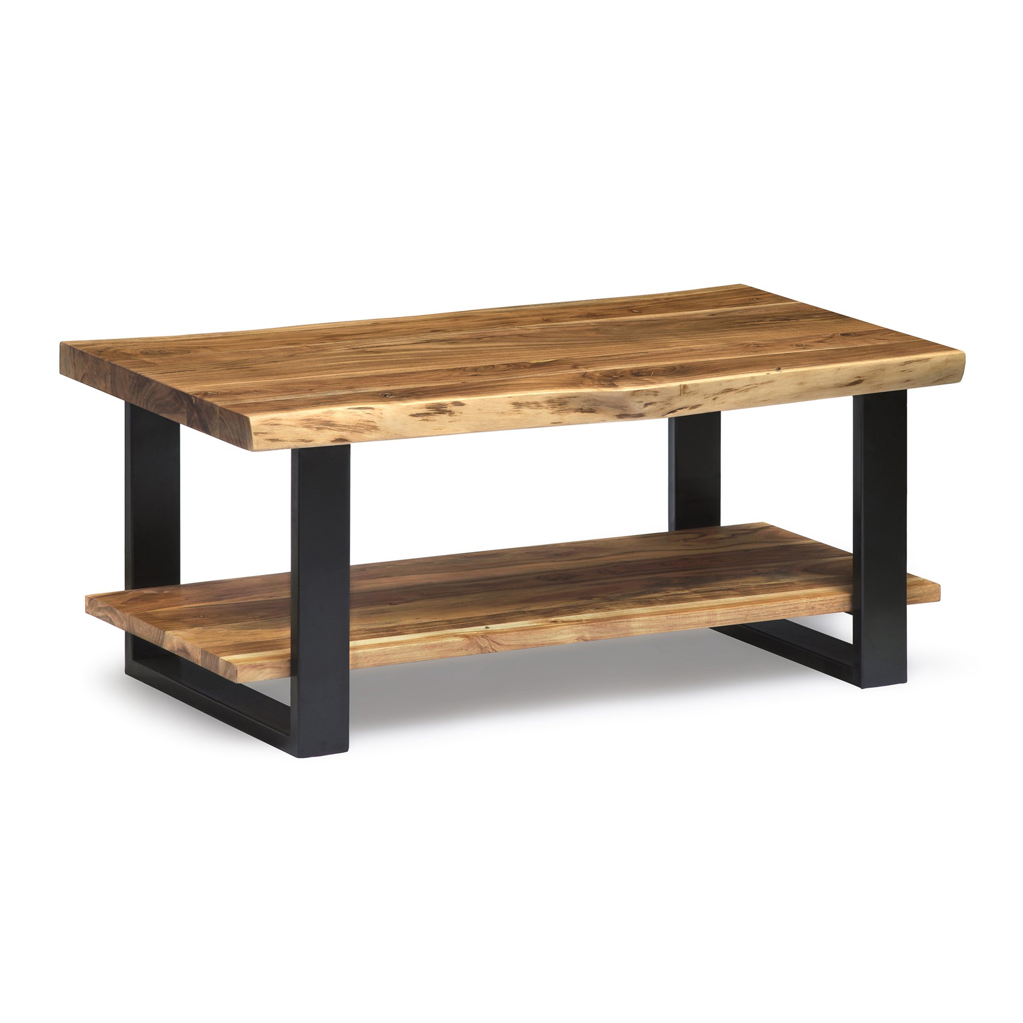 Alpine Natural Live Edge Acacia Wood 2-Shelf End Table with Black Metal Accents & Nylon Floor Protectors - Industrial Rustic Mixed Material Coffee Table for Living Room, Bedroom, or Office