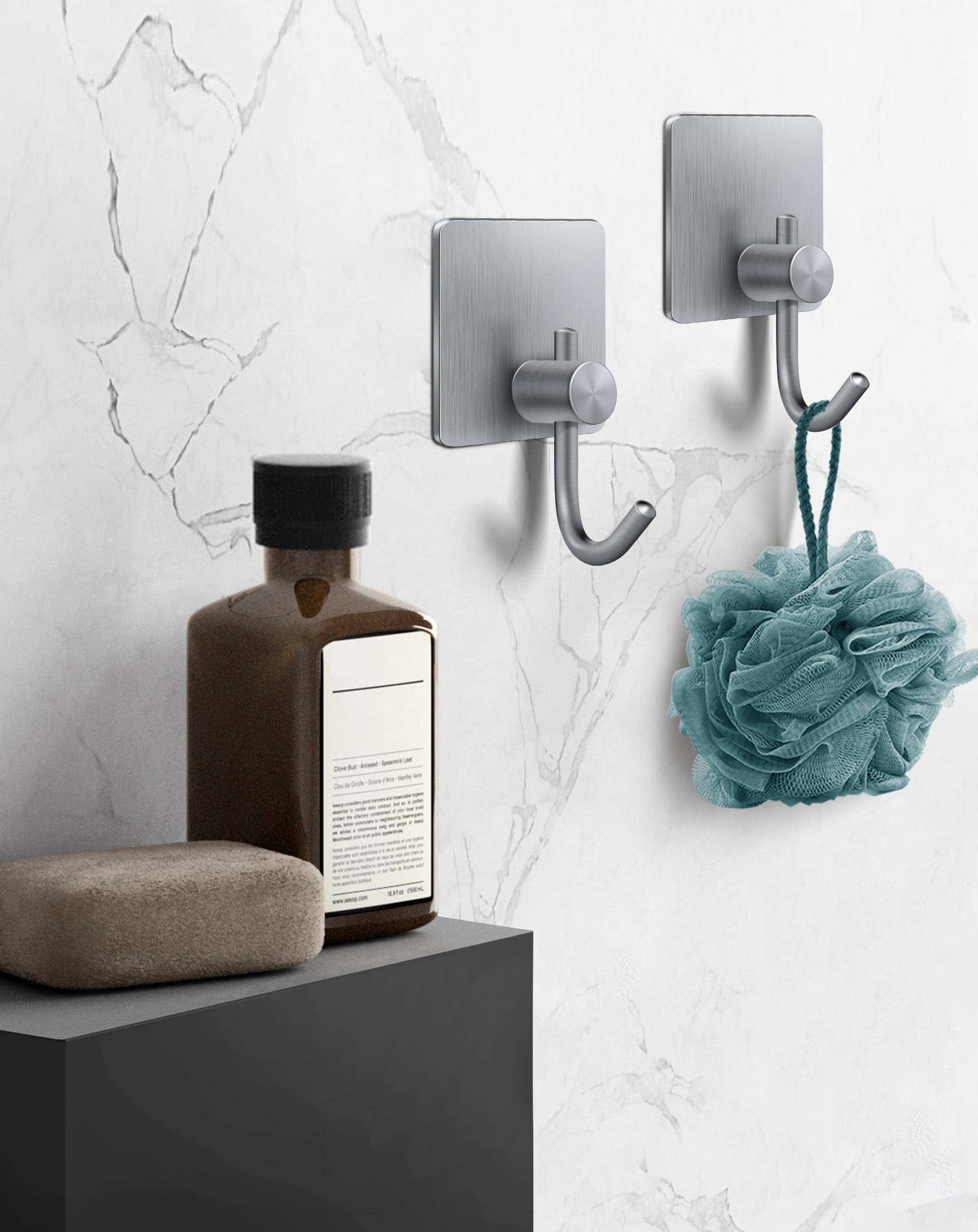 Heavy Duty Adhesive Towel Hooks - No Drill Wall Hooks for Bathroom, Kitchen & Bedroom - 4 Pack Silver Hanging Hooks for Robes, Towels & Clothes - Perfect for Small Spaces & Rentals