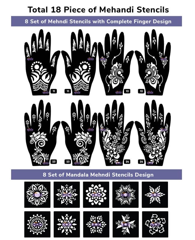 APCUTE 18-Piece Combo Pack Reusable Henna Mehndi Stencil Stickers for Women, Girls & Kids - Quick & Easy DIY Tattoo & Body Art Designs - Perfect for Weddings, Parties & Festive Celebrations