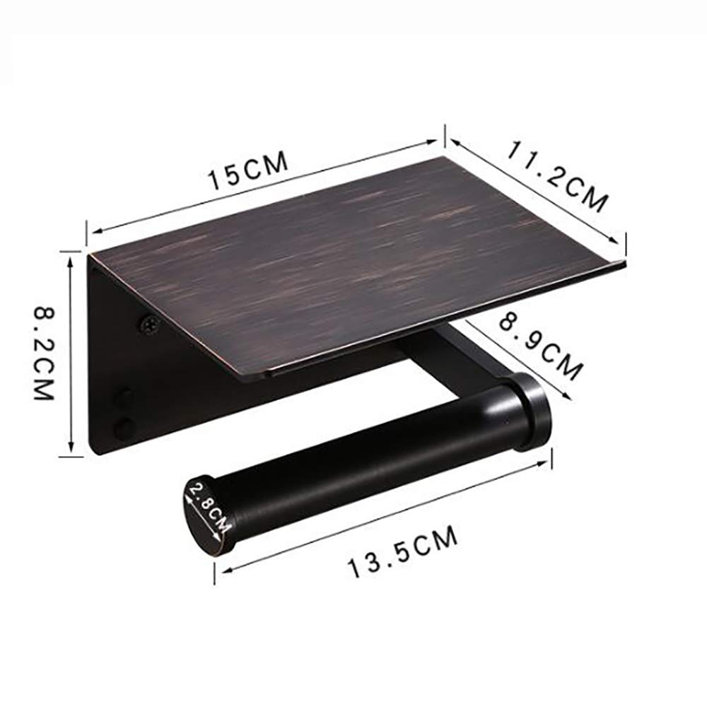 Wall Mounted Toilet Paper Holder with Shelf - Aluminum Bathroom Tissue Roll Dispenser & Phone Storage Organizer for Bathroom, Kitchen, Hotel - Black Ancient Finish (Drilling Required) | Perfect for Small Spaces & Modern Home Decor
