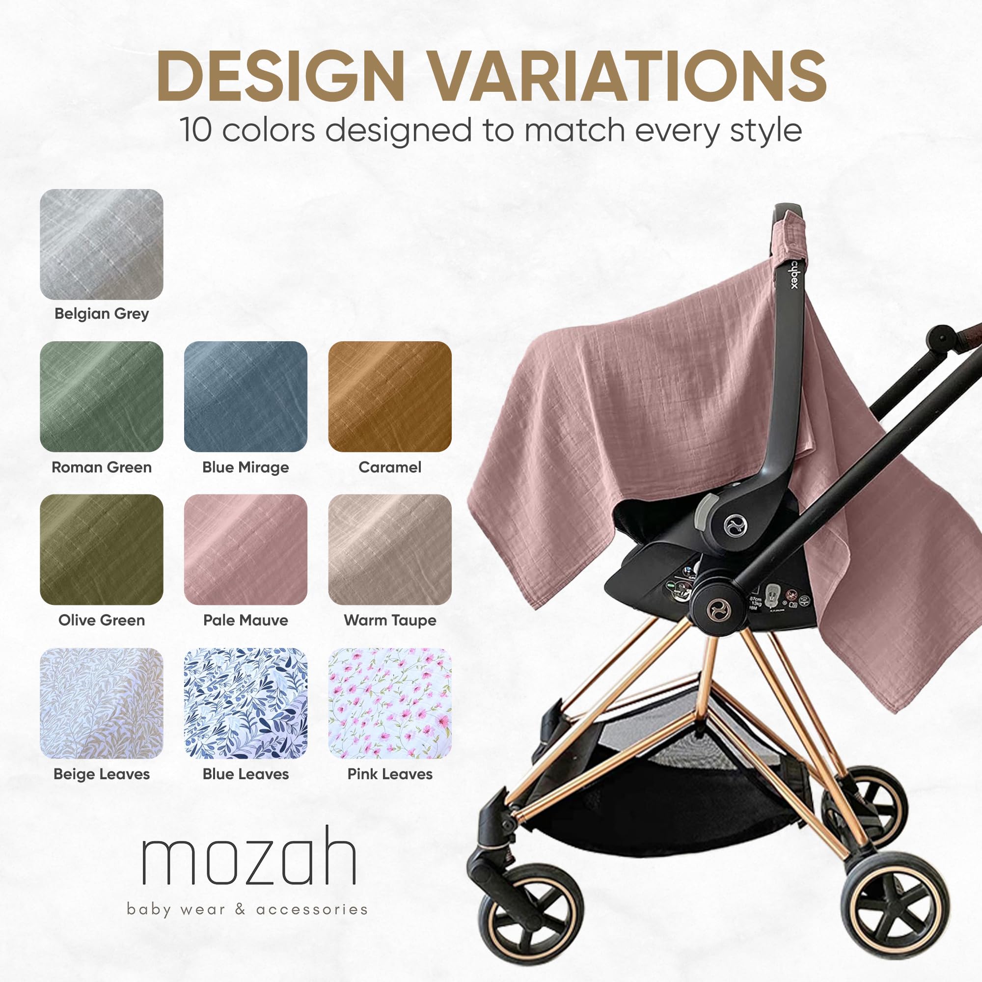 MOZAH 100% Organic Muslin Baby Car Seat Cover - Breathable, Soft & Lightweight Car Seat Canopy for Infant Girls (Pale Mauve) | Perfect for Strollers, Shopping Carts & Outdoor Protection