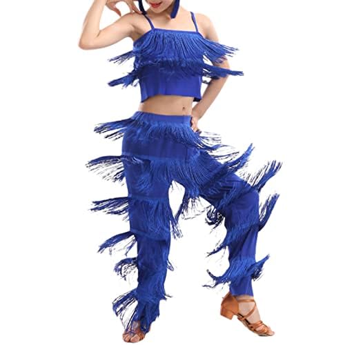 New Samba Tassel Latin Dance Costumes for Girls - Sleeveless Salsa Ballroom Fringe Dance Top & Pants - Kids Dance Practice Dress - Stage Performance Practice Skirts for Competitions & Recitals
