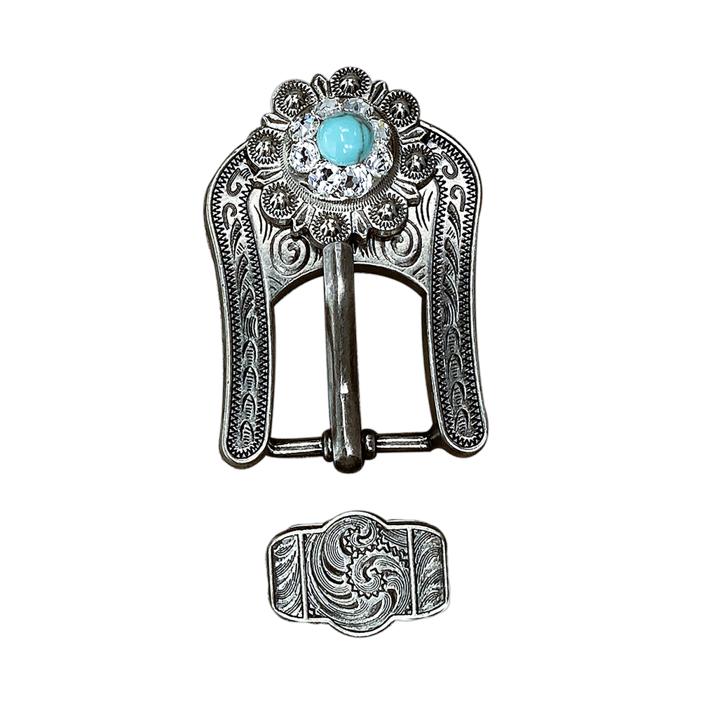 Vintage Turquoise & Clear Crystal Buckle Set with Silver Keeper - Elegant European Style for Belts, Handbags & DIY Accessories