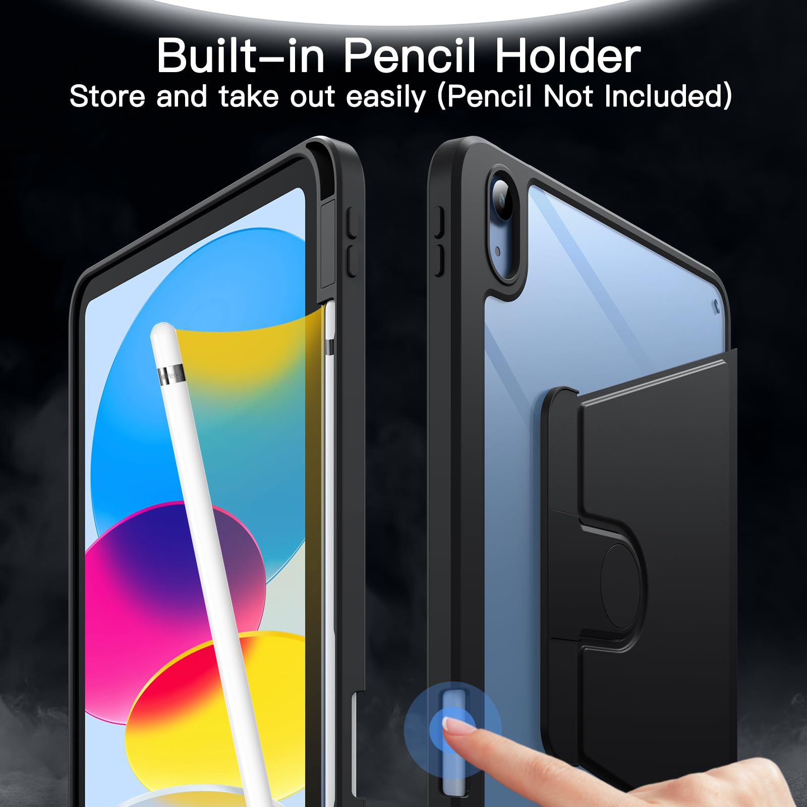 JETech 360° Rotating Protective Case for iPad 11th/10th Gen (2025/2022, Model A16) - Clear Back Cover with Pencil Holder, Auto Wake/Sleep Function - Perfect for Work, Study & Entertainment (Black)