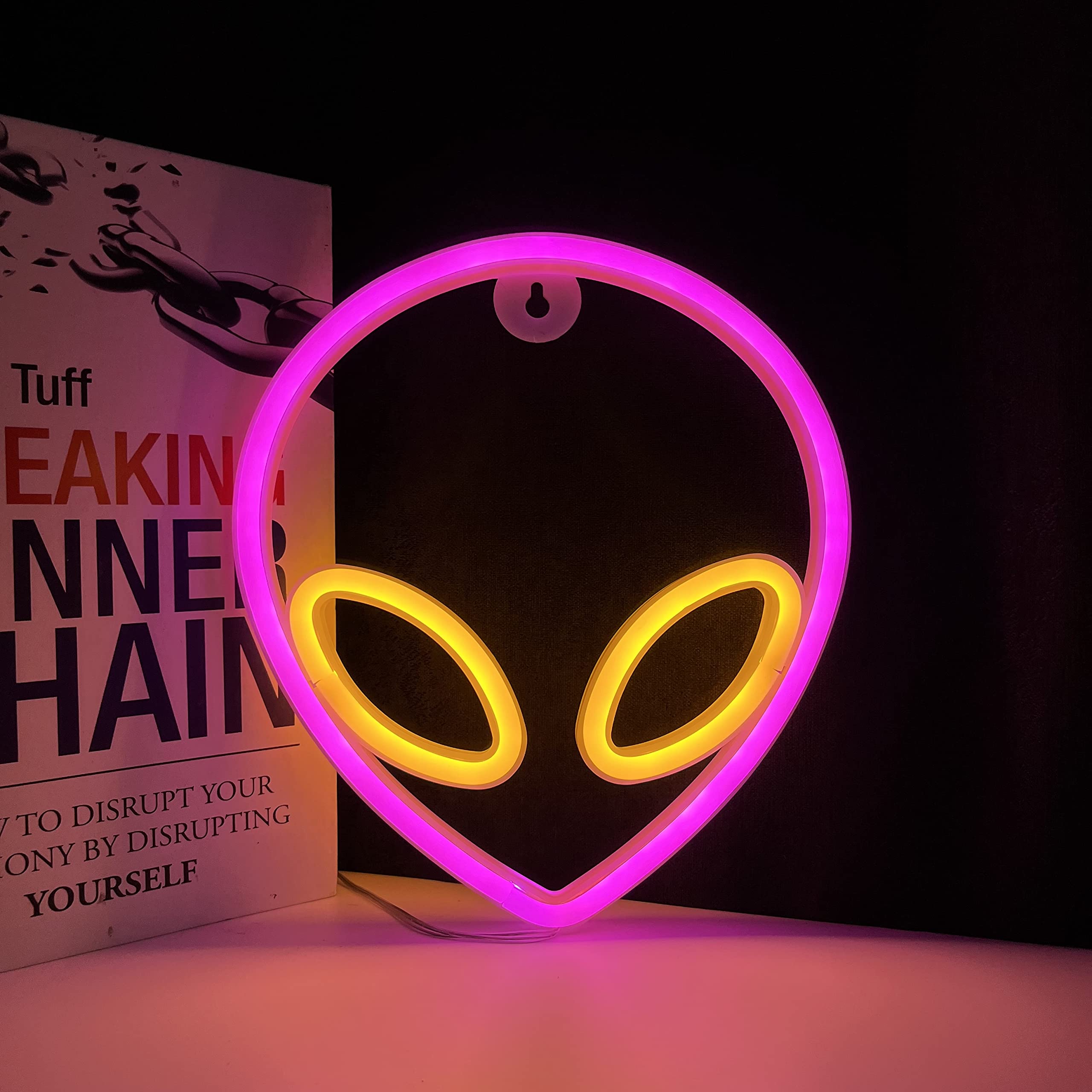 Alien Neon Sign LED Wall Light - Pink & Yellow USB/Battery Operated for Bedroom, Bar, Game Room - Perfect Gift for Men, Boys, Christmas, Halloween & Birthday Parties