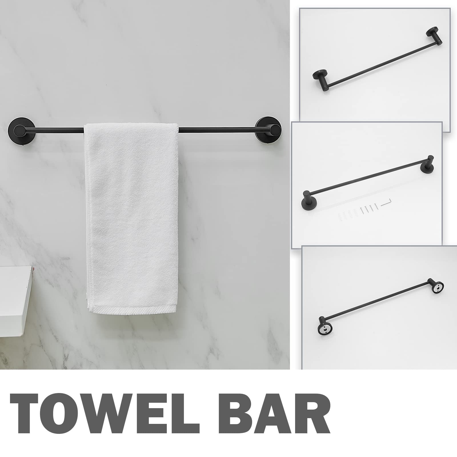 5-Piece Matte Black Bathroom Towel Bar Holder Set - Stainless Steel Wall Mounted Bath Accessories Kit for Modern Bathroom & Spa Decor