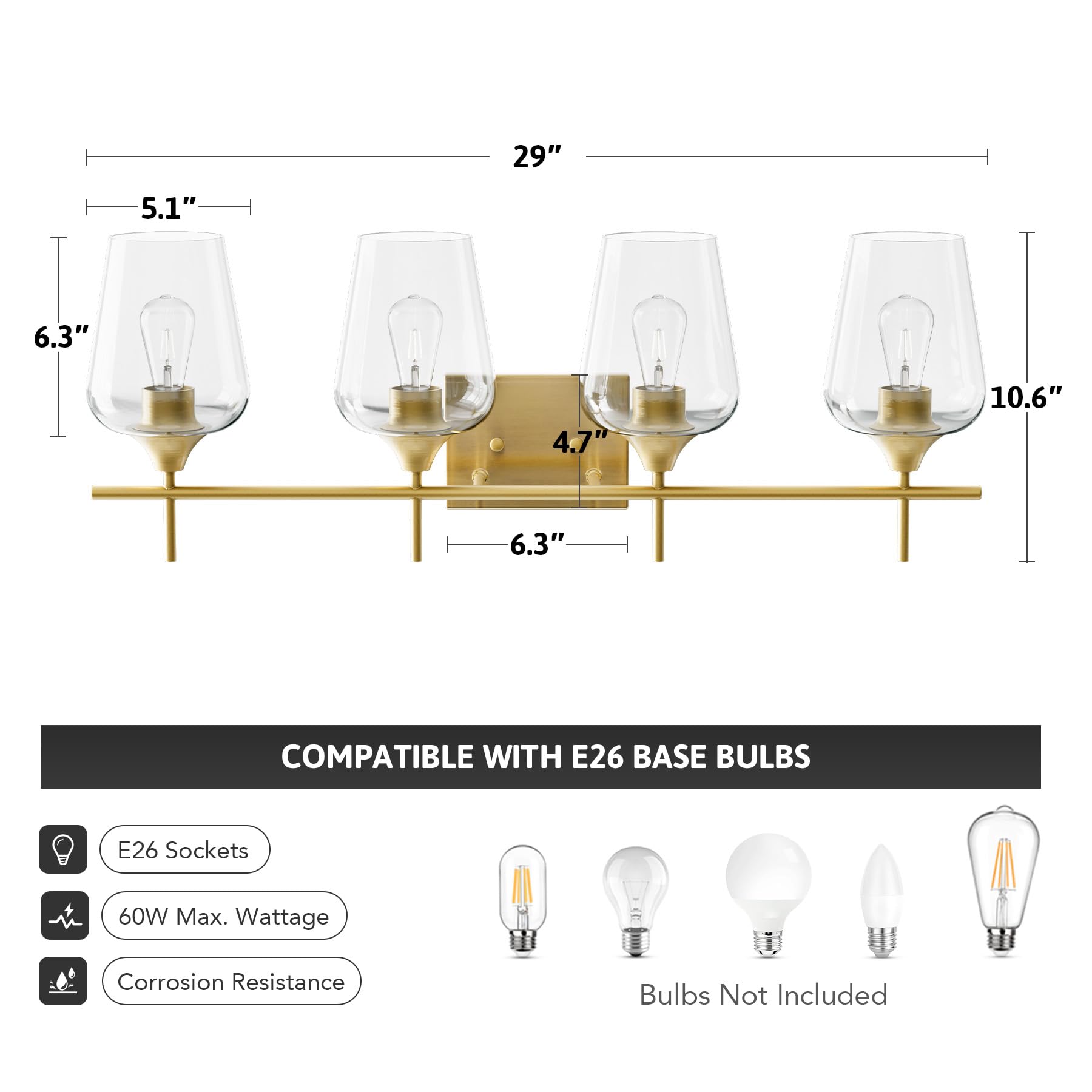 VONLUCE 4-Light Modern Bathroom Vanity Light Fixture with Clear Glass - Brushed Gold Wall Sconce for Mirror Lighting, Perfect for Bathroom, Bedroom, Hallway & Kitchen Decor