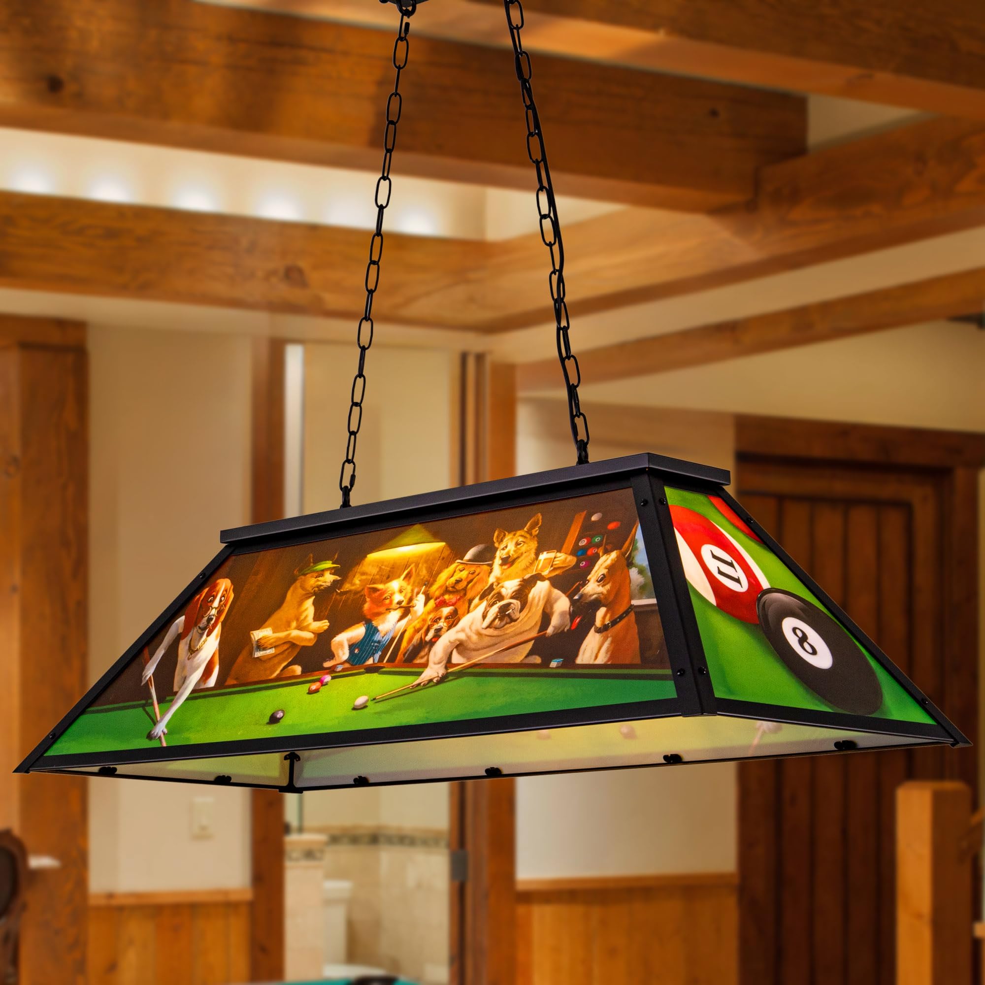 Wellmet Tiffany Style Pool Table Light Fixture - 3-Light Hanging Pendant Lamp for 7', 8', 9' Billiard Tables with Dogs Playing Billiards Design - Perfect for Game Rooms, Man Caves, Bars, and Dining Room Decor
