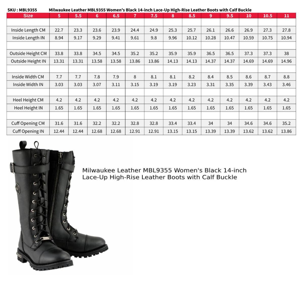 Milwaukee Leather Women's Black 14-inch Lace-Up High-Rise Biker Boots with Calf Buckle MBL9355 - Perfect for Motorcycle Riding, Fashion & Outdoor Adventures