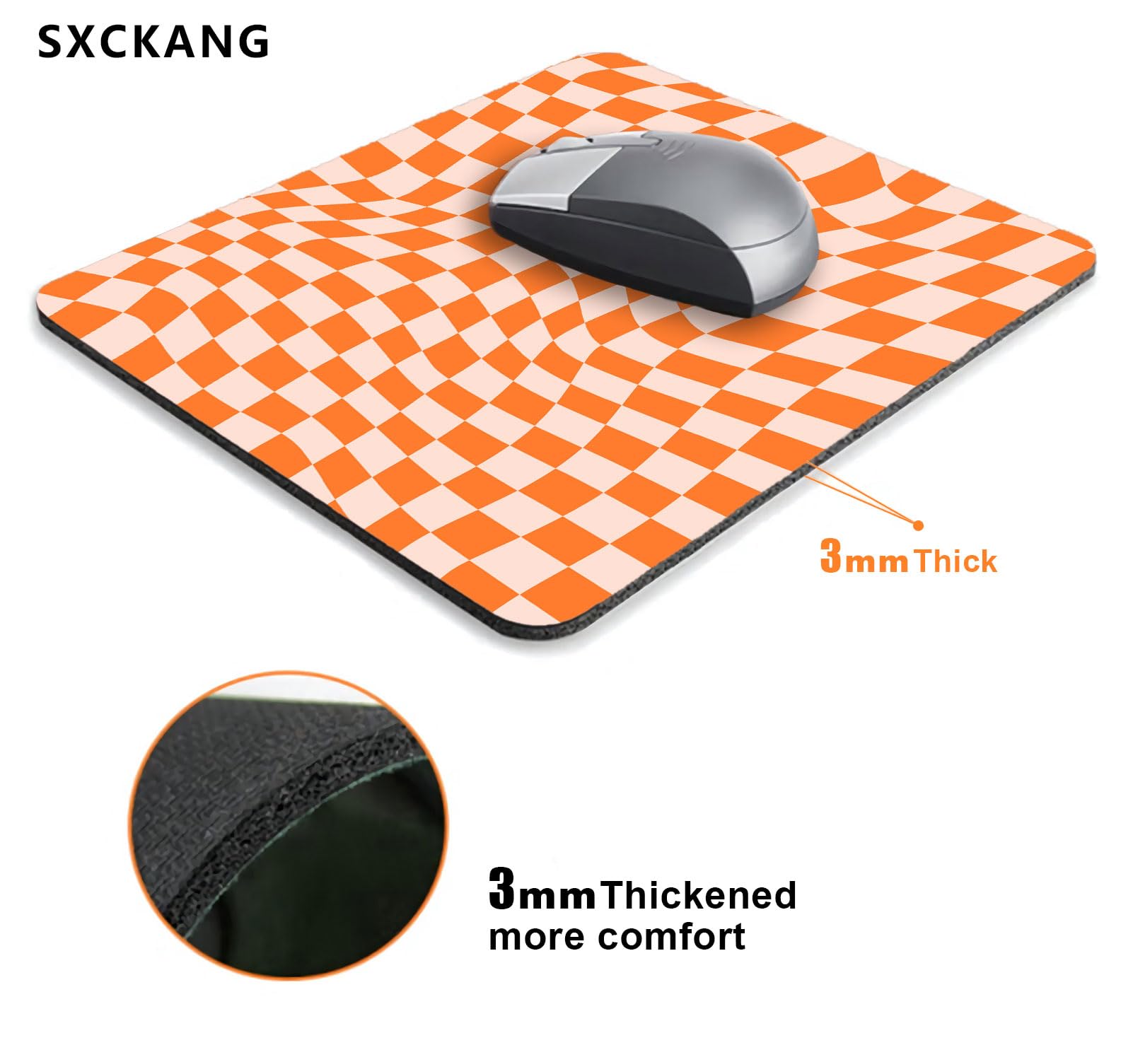 Orange Checkered Mouse Pad - Modern Pattern Non-Slip Desk Mat for Women, 7.9 x 7.9 Inch Office Accessories - Perfect for Work, Gaming & Home Decor