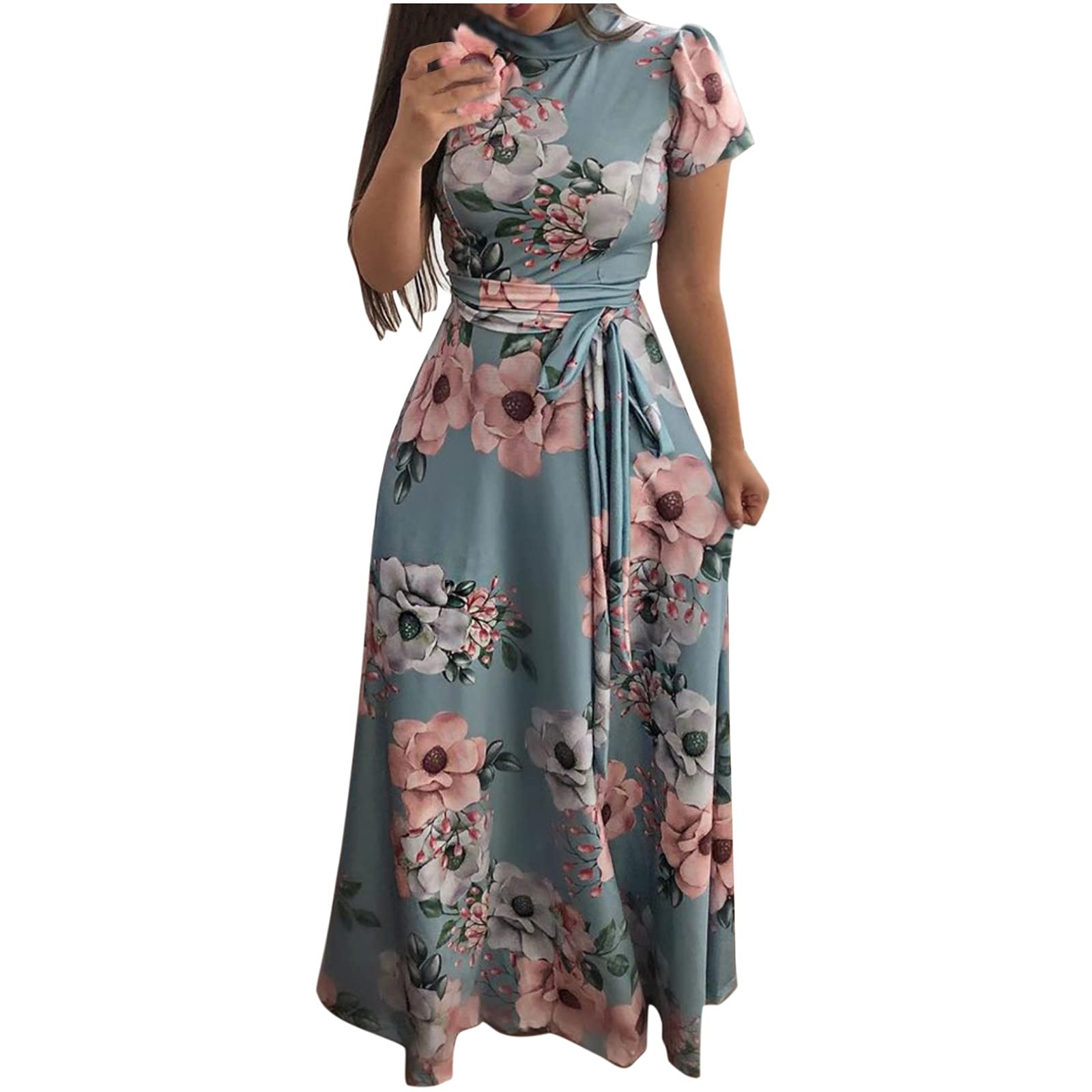 Elegant Floral Print Women's Maxi Dress - Wrap Corset Turtleneck Short Sleeve Slim Fit Summer Dress for Beach, Party & Casual Wear