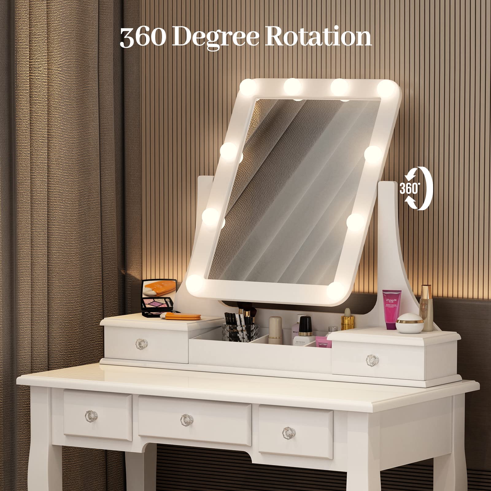 White Vanity Table with Lights & 5 Drawers - 360° Rotating Mirror Makeup Vanity Set for Bedroom, Dressing Room & Beauty Salon | LED Illuminated Vanity Desk with Storage