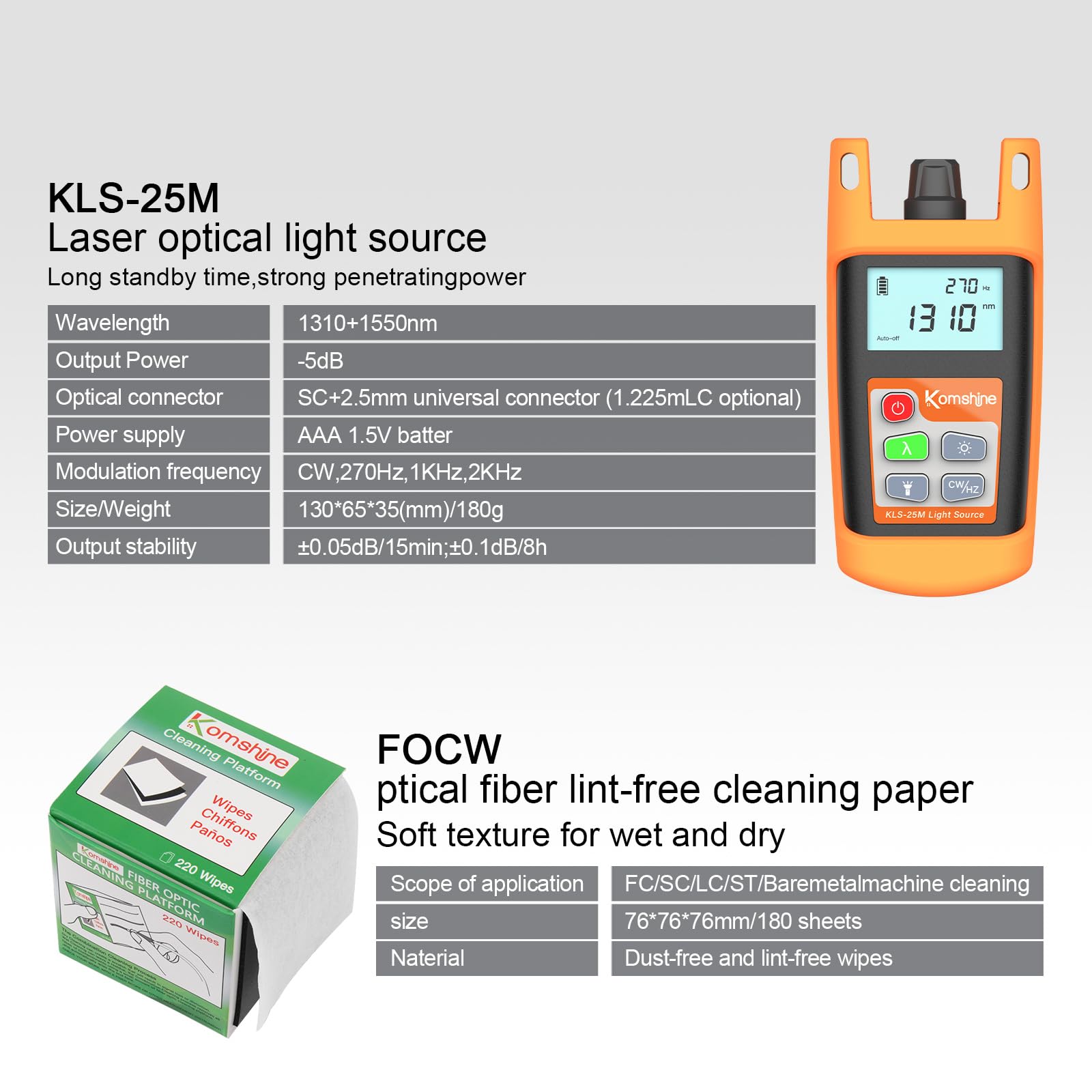 Komshine KLT-15D Fiber Optic FTTH Testing Kit - 200X Microscope, OPM Power Meter, SM Light Source, VFL & Cleaner for SC/FC/ST/LC Connectors - Perfect for Network Installation & Maintenance