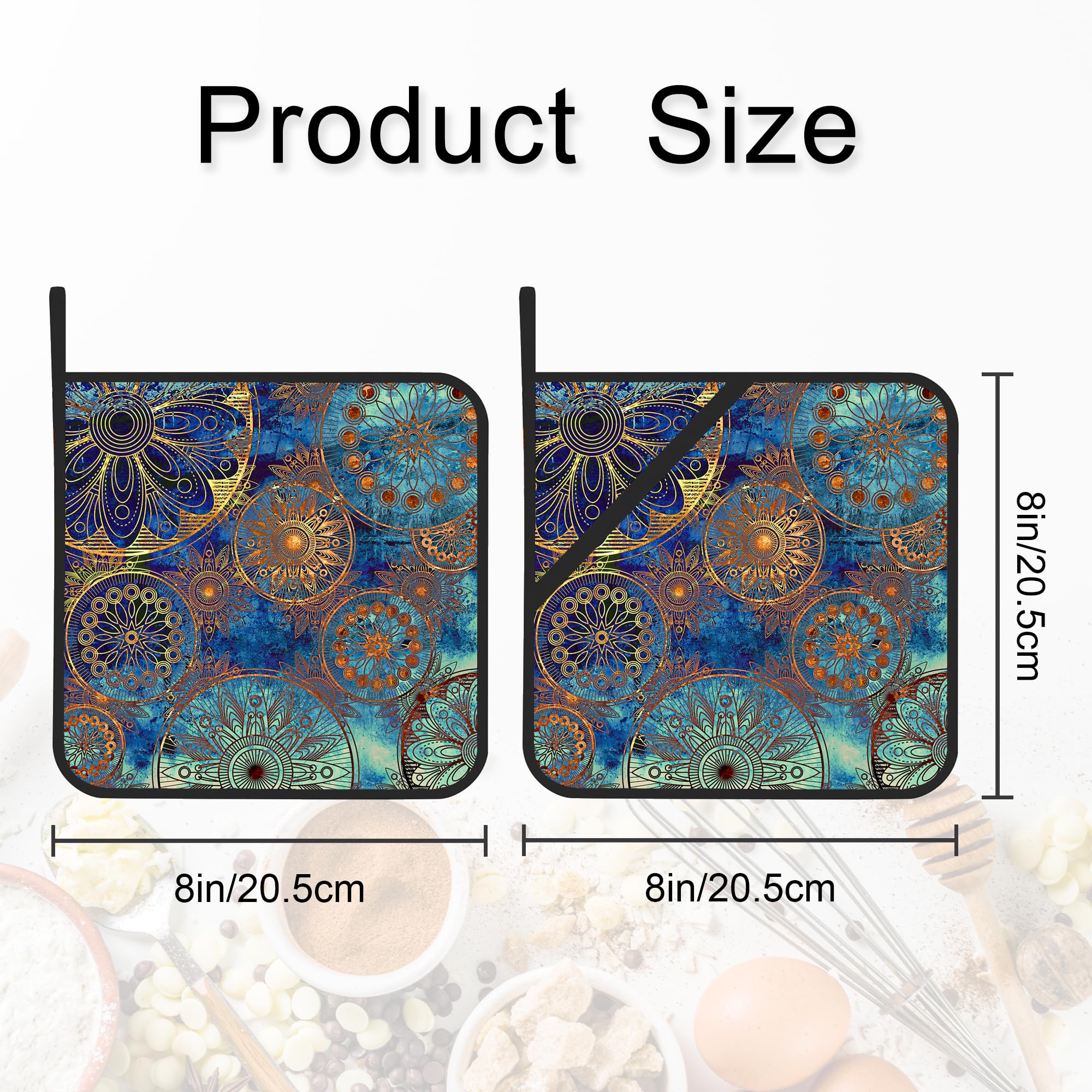 2-Pack Blue Paisley Boho Flower Heat Resistant Pot Holders - Kitchen Cooking & Baking Mitts for BBQ, Grilling, Oven Use - Perfect Hot Pad Gift for Women & Men (Home, Camping, Picnic Use)