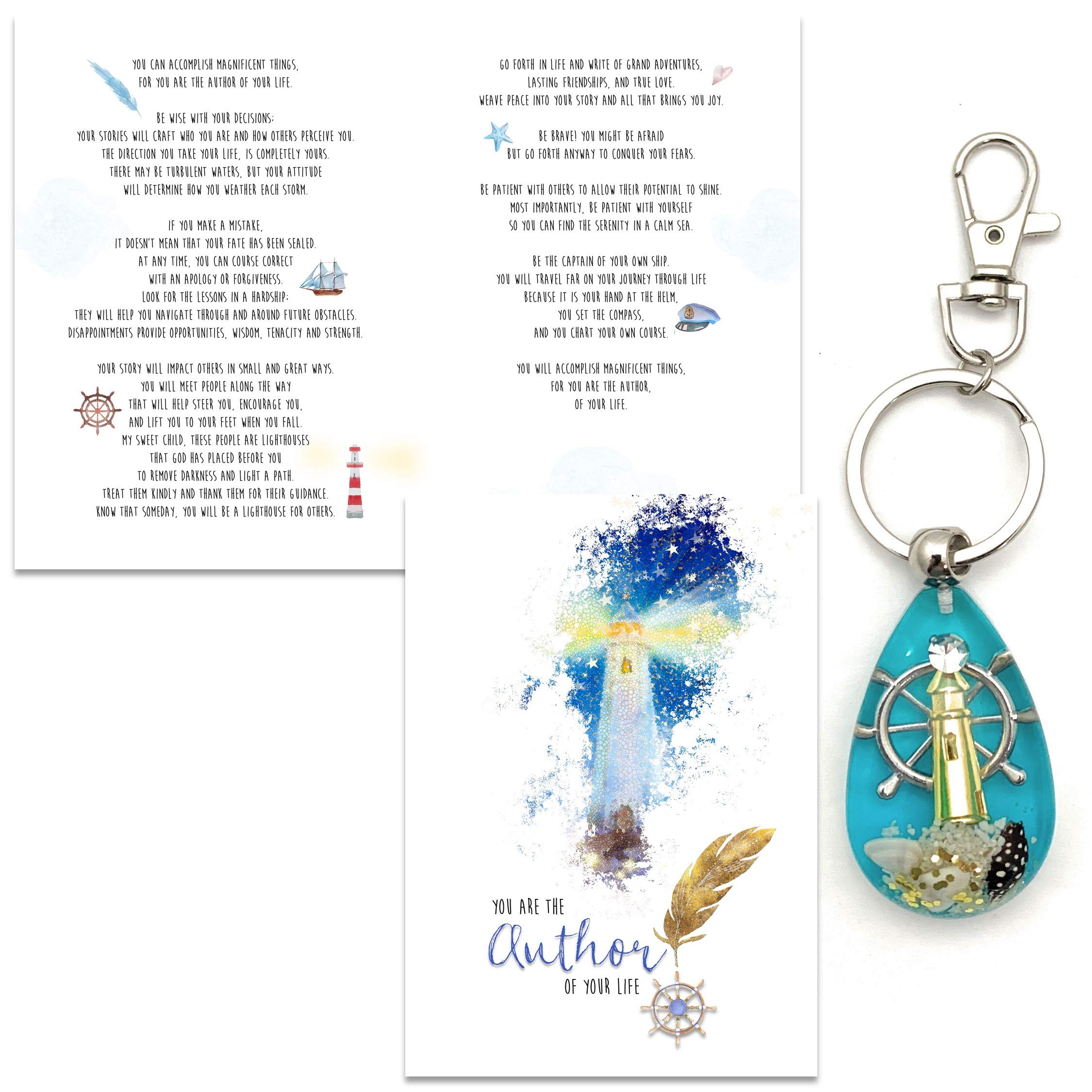 Graduation Card & Keychain Gift Set - Inspirational Author of Your Life Greeting Card with Lighthouse Beacon Keychain - Perfect Graduation Gift for Son, Daughter, Friends - Motivational Advice for Life, Love & Friendships - Ideal for Graduation Ceremonies, Parties & Celebrations