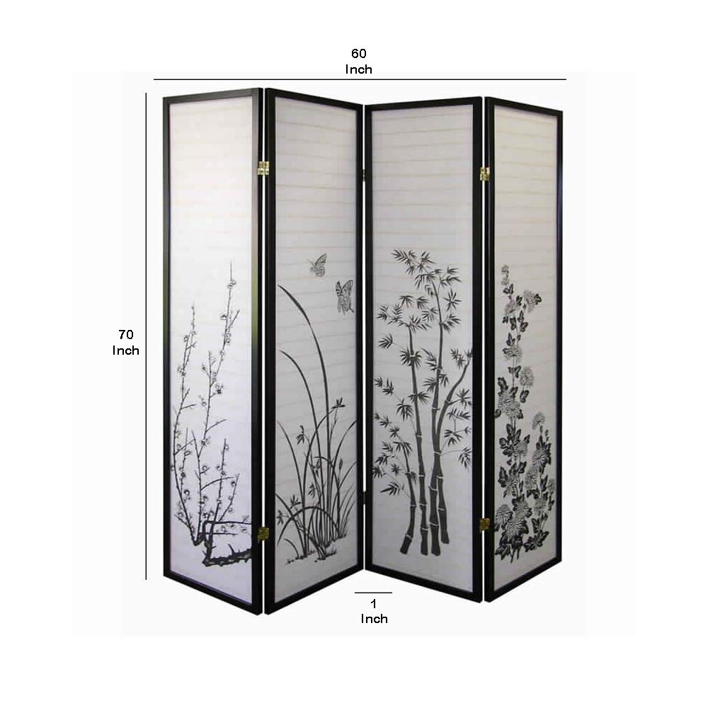 Benjara 4-Panel Room Divider - Natural Wood & Paper Screen with White and Black Print - Perfect for Home Office, Bedroom Partition, and Asian-Inspired Decor