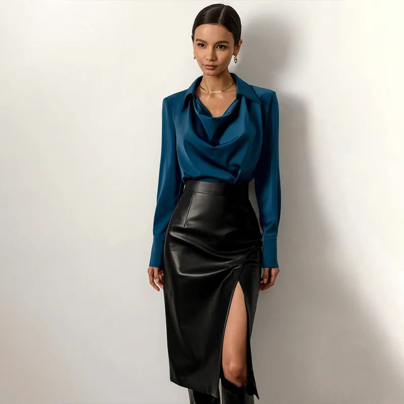 Elegant Black Faux Leather Bodycon Skirt for Women - High Waist Office Pencil Skirt with Sexy Side Slit | Perfect for Work, Date Night & Party Outfits