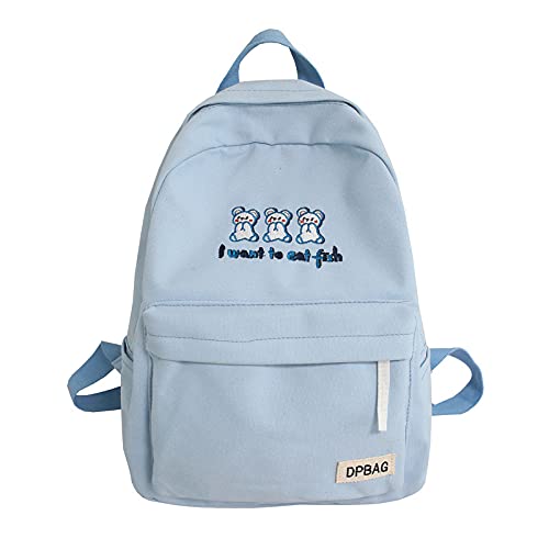 Cute Embroidered Canvas Backpack - School, Travel & Daypack (Blue)